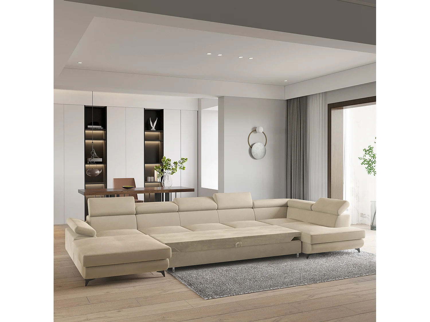 Hoekbank MONTIVA van fluweel met slaapfunctie Creme