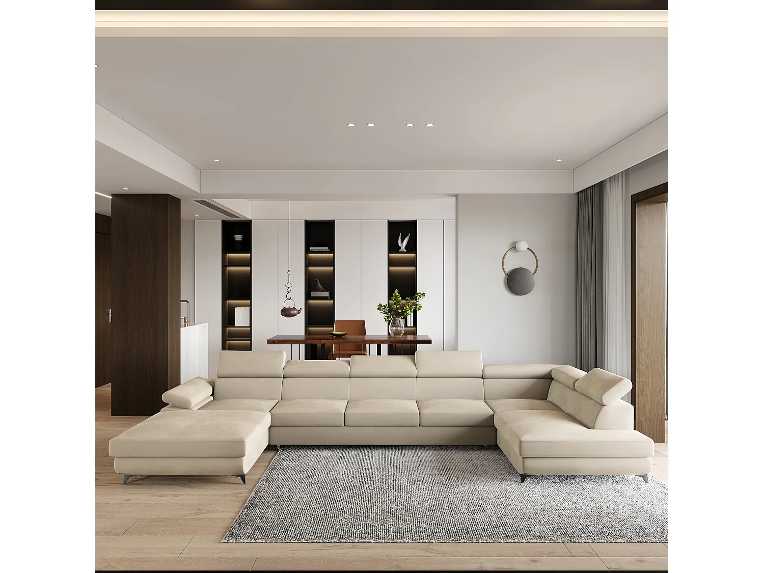 Hoekbank MONTIVA van fluweel met slaapfunctie Creme