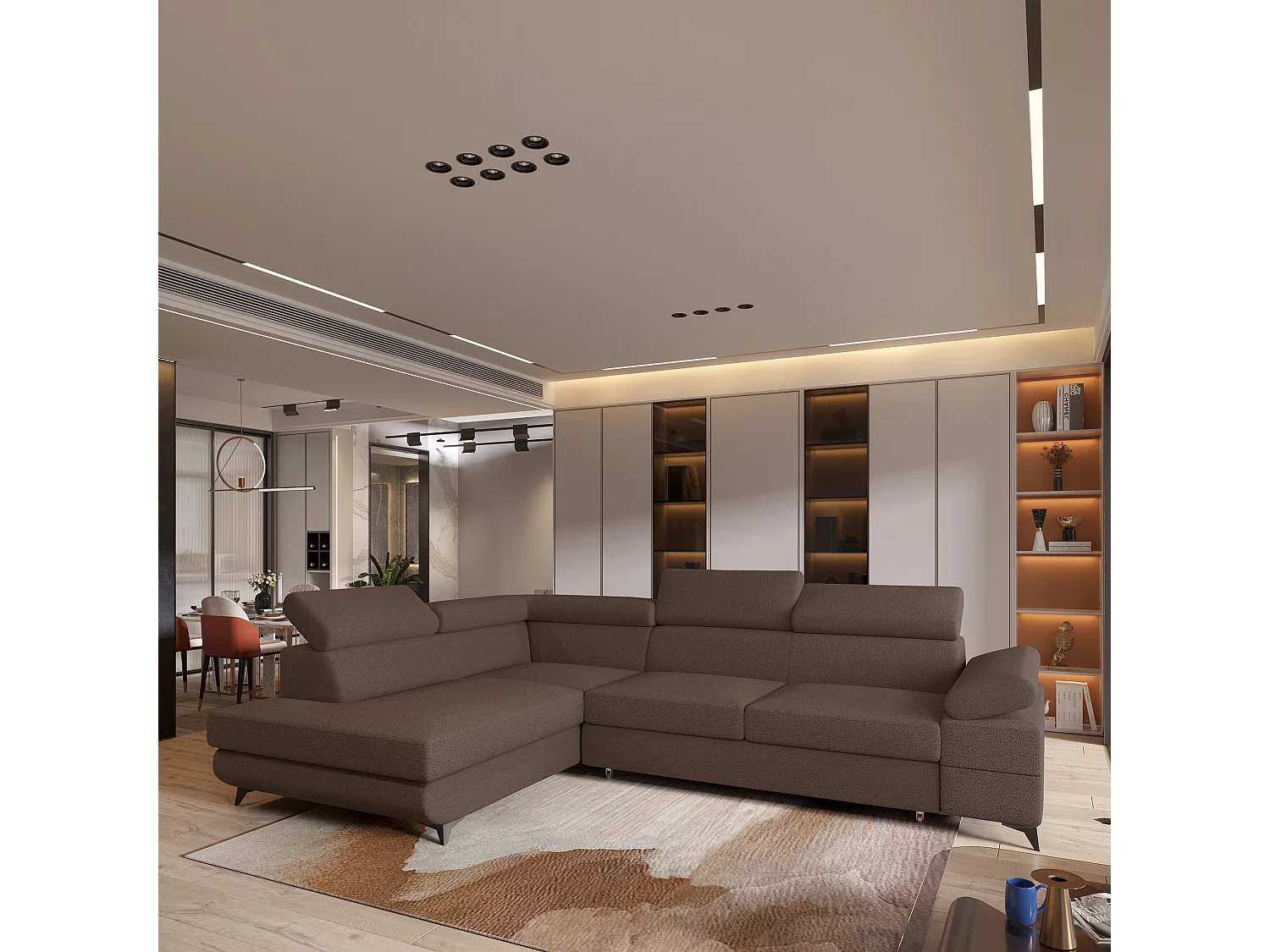 Hoekbank FAVIEN van fluweel met slaapfunctie Braun