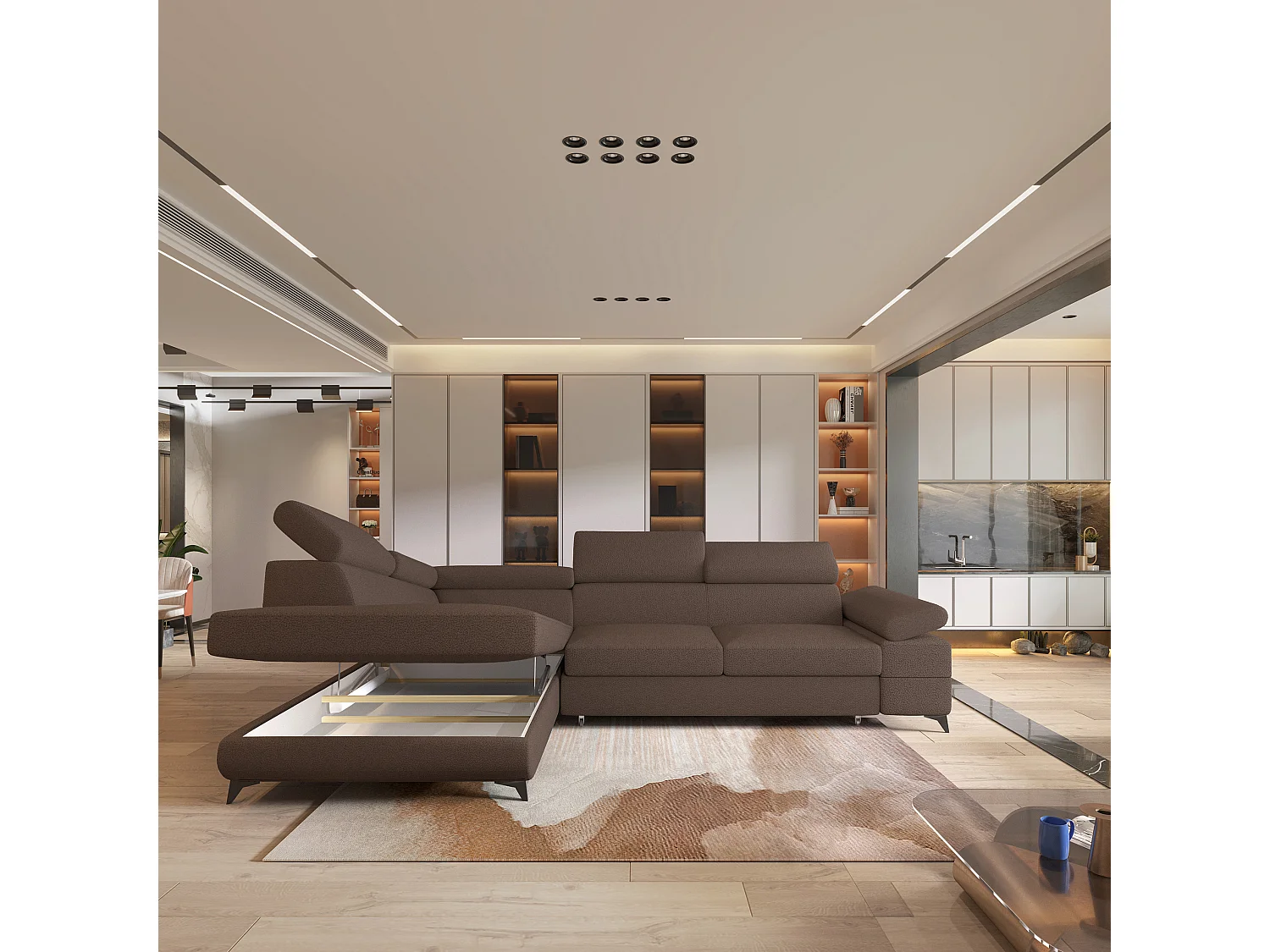 Hoekbank FAVIEN van fluweel met slaapfunctie Braun