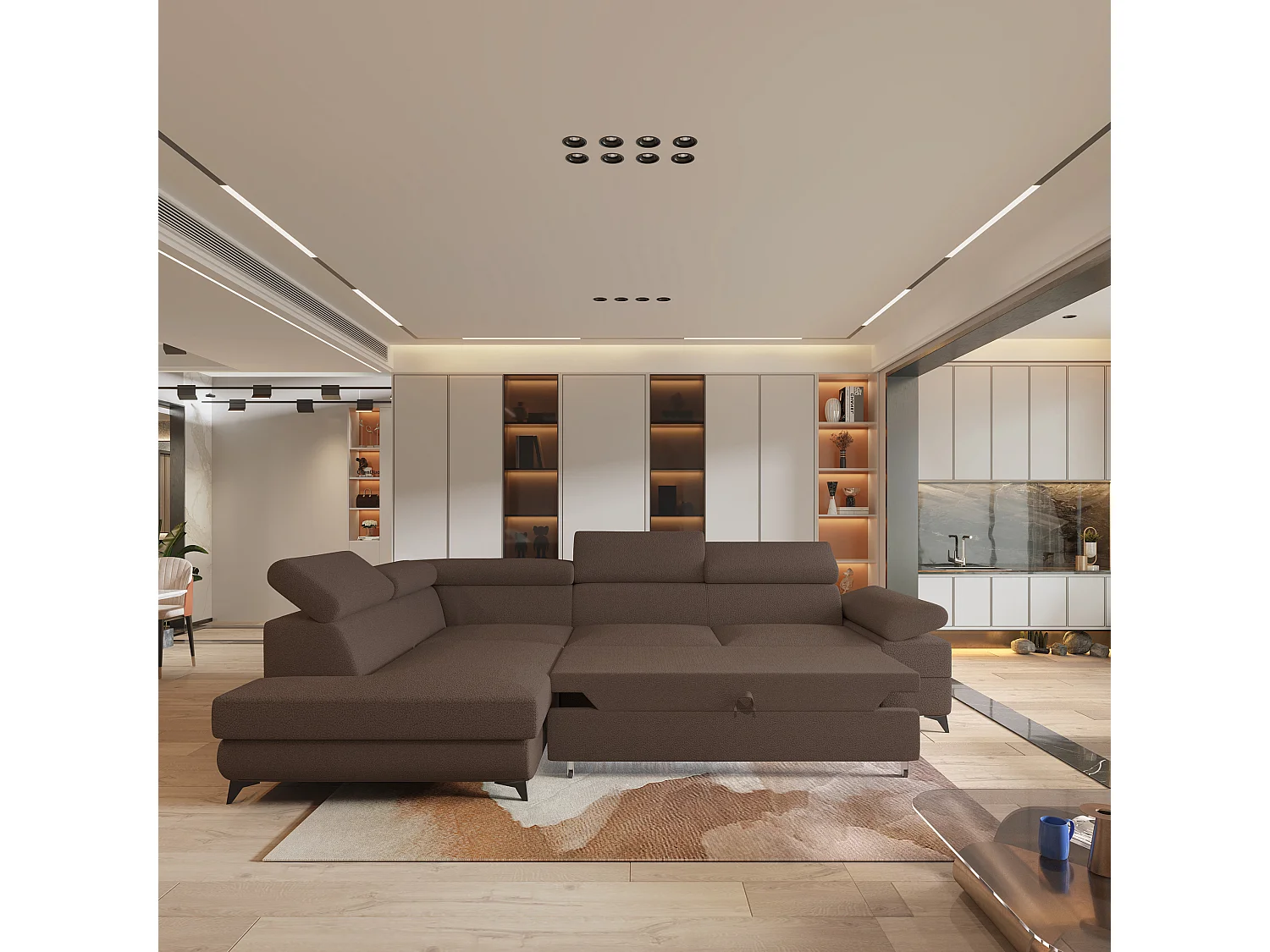 Hoekbank FAVIEN van fluweel met slaapfunctie Braun