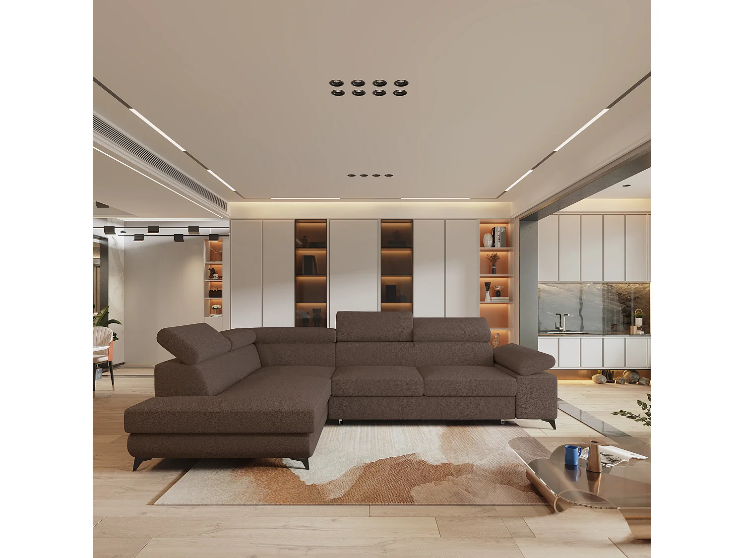 Hoekbank FAVIEN van fluweel met slaapfunctie Braun