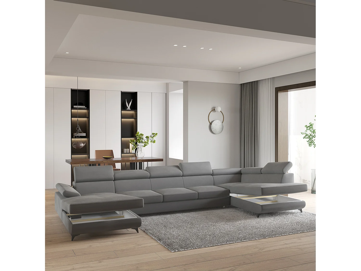 Hoekbank MONTIVA van fluweel met slaapfunctie Grau