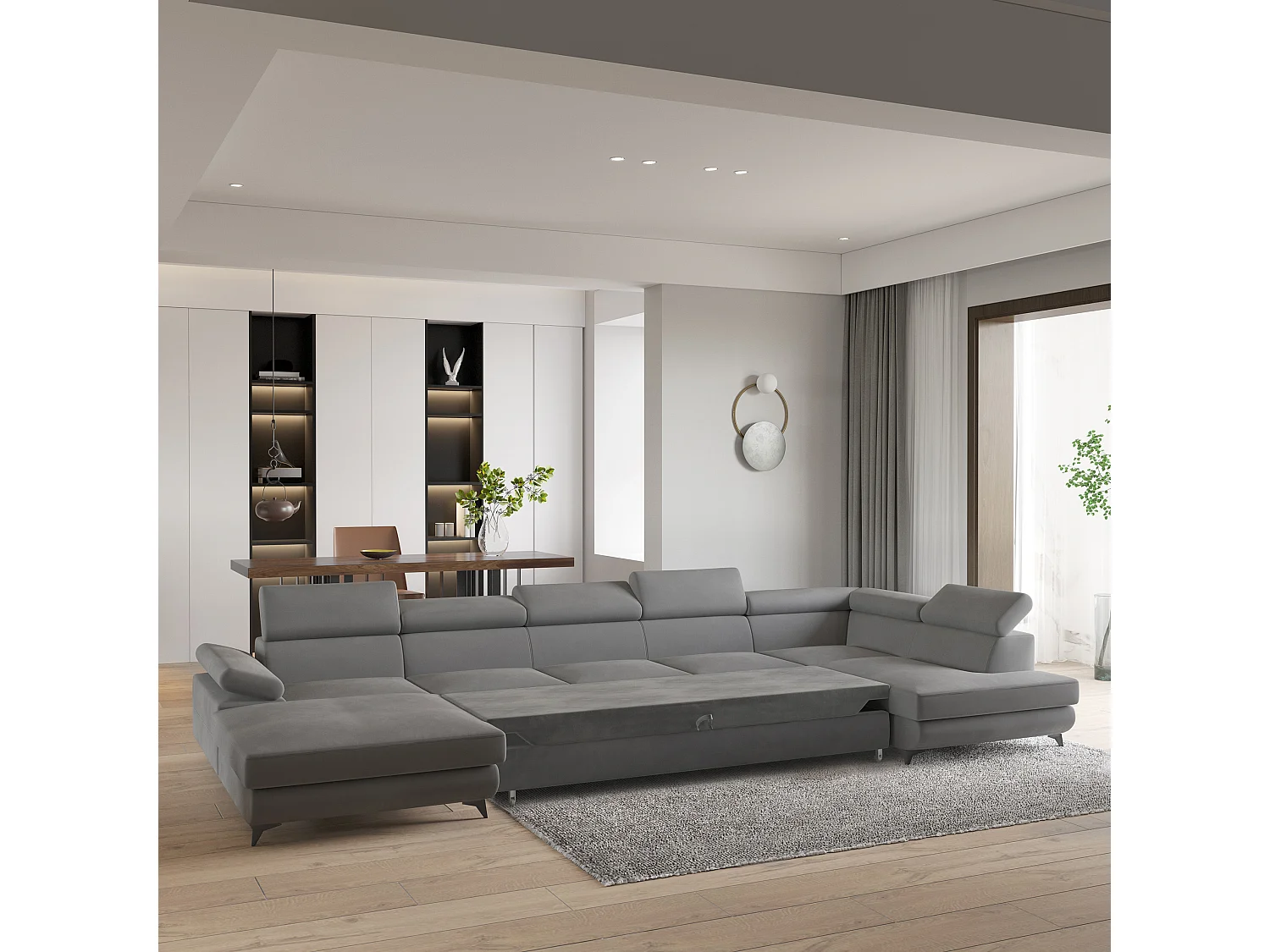 Hoekbank MONTIVA van fluweel met slaapfunctie Grau