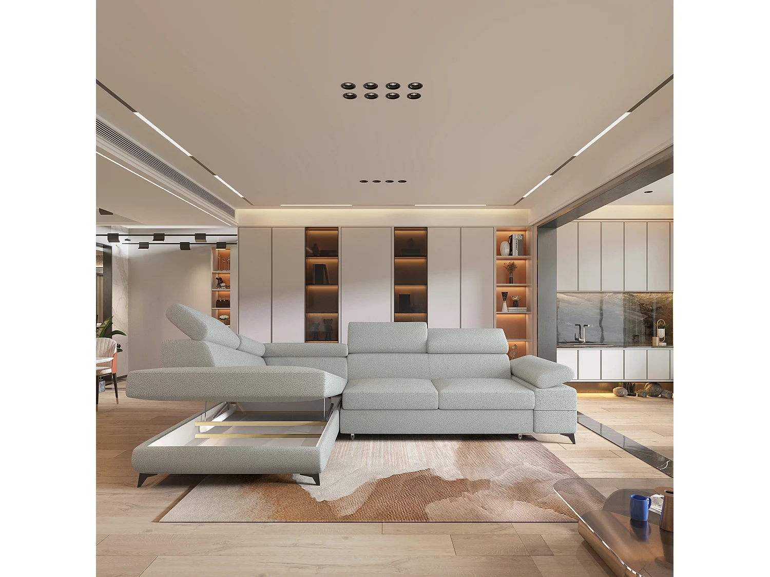 Hoekbank FAVIEN van fluweel met slaapfunctie Hellgrau