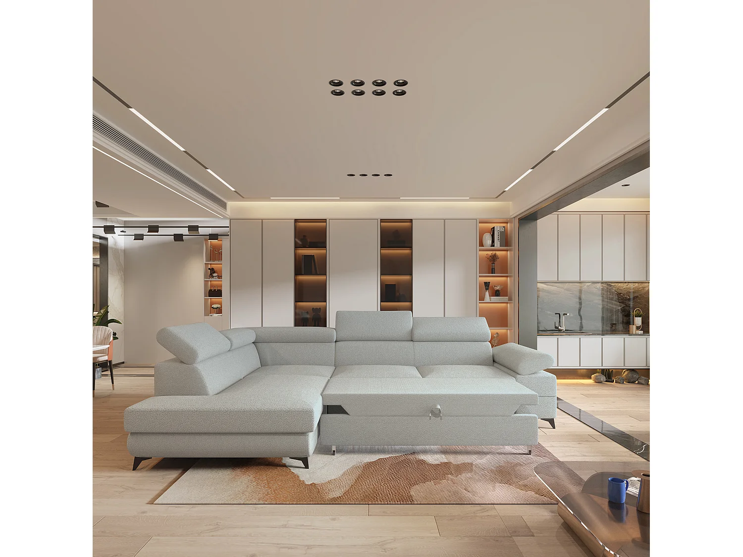 Hoekbank FAVIEN van fluweel met slaapfunctie Hellgrau