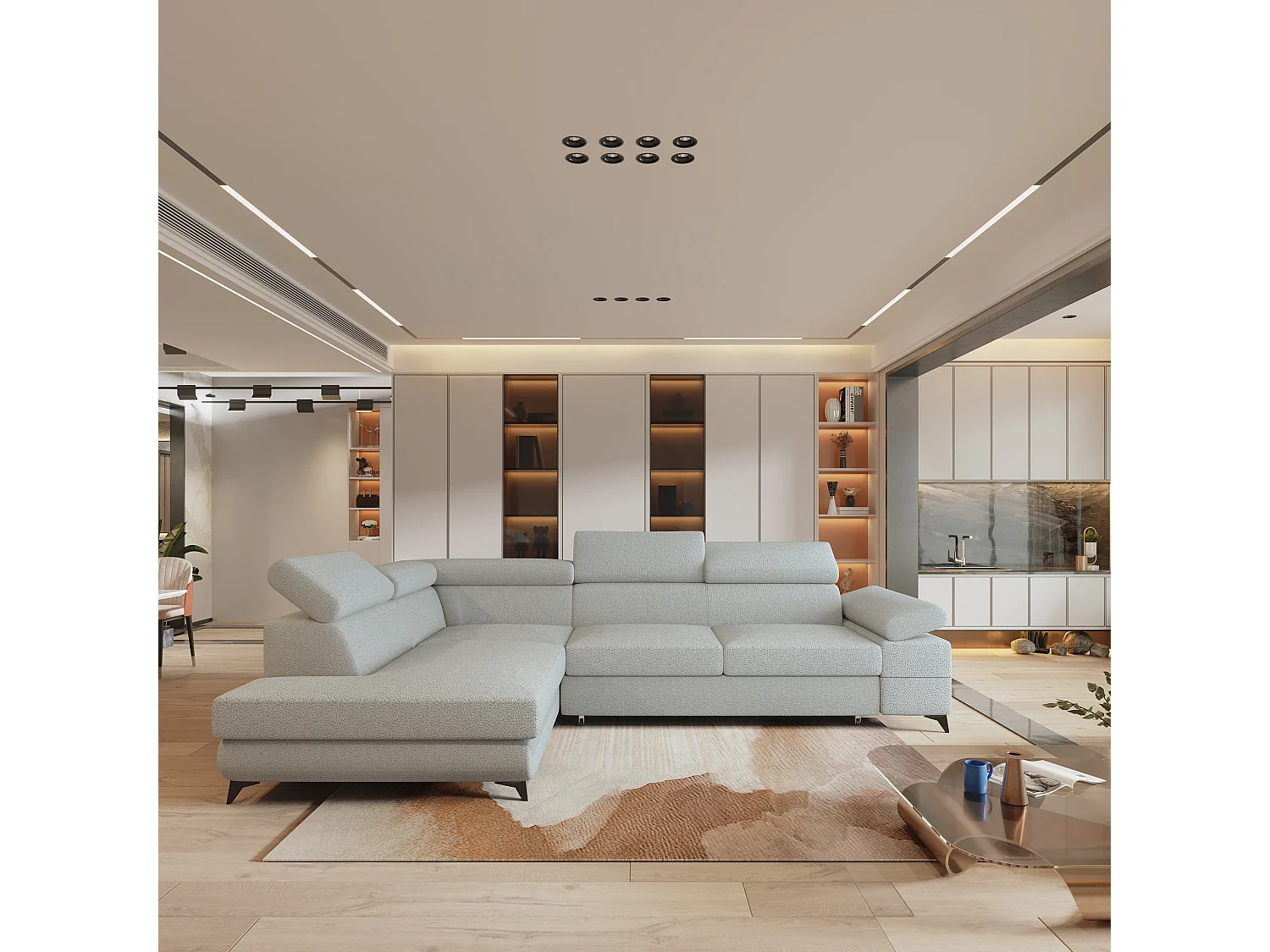 Hoekbank FAVIEN van fluweel met slaapfunctie Hellgrau