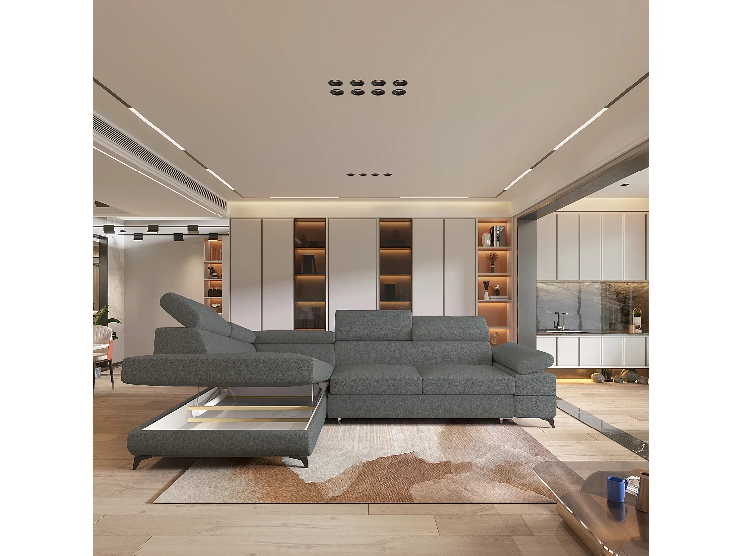 Hoekbank FAVIEN van fluweel met slaapfunctie Grau