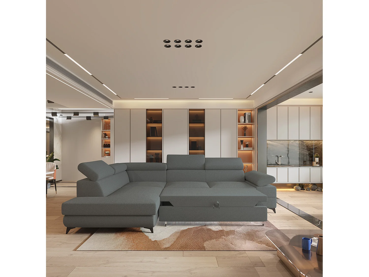 Hoekbank FAVIEN van fluweel met slaapfunctie Grau