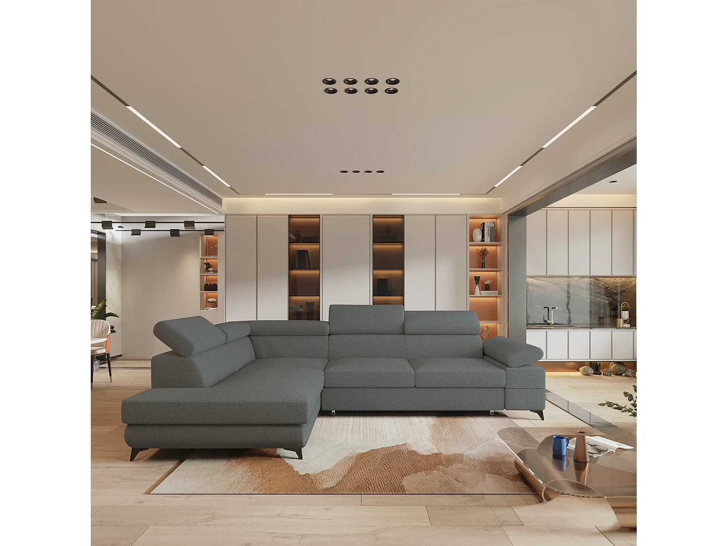 Hoekbank FAVIEN van fluweel met slaapfunctie Grau