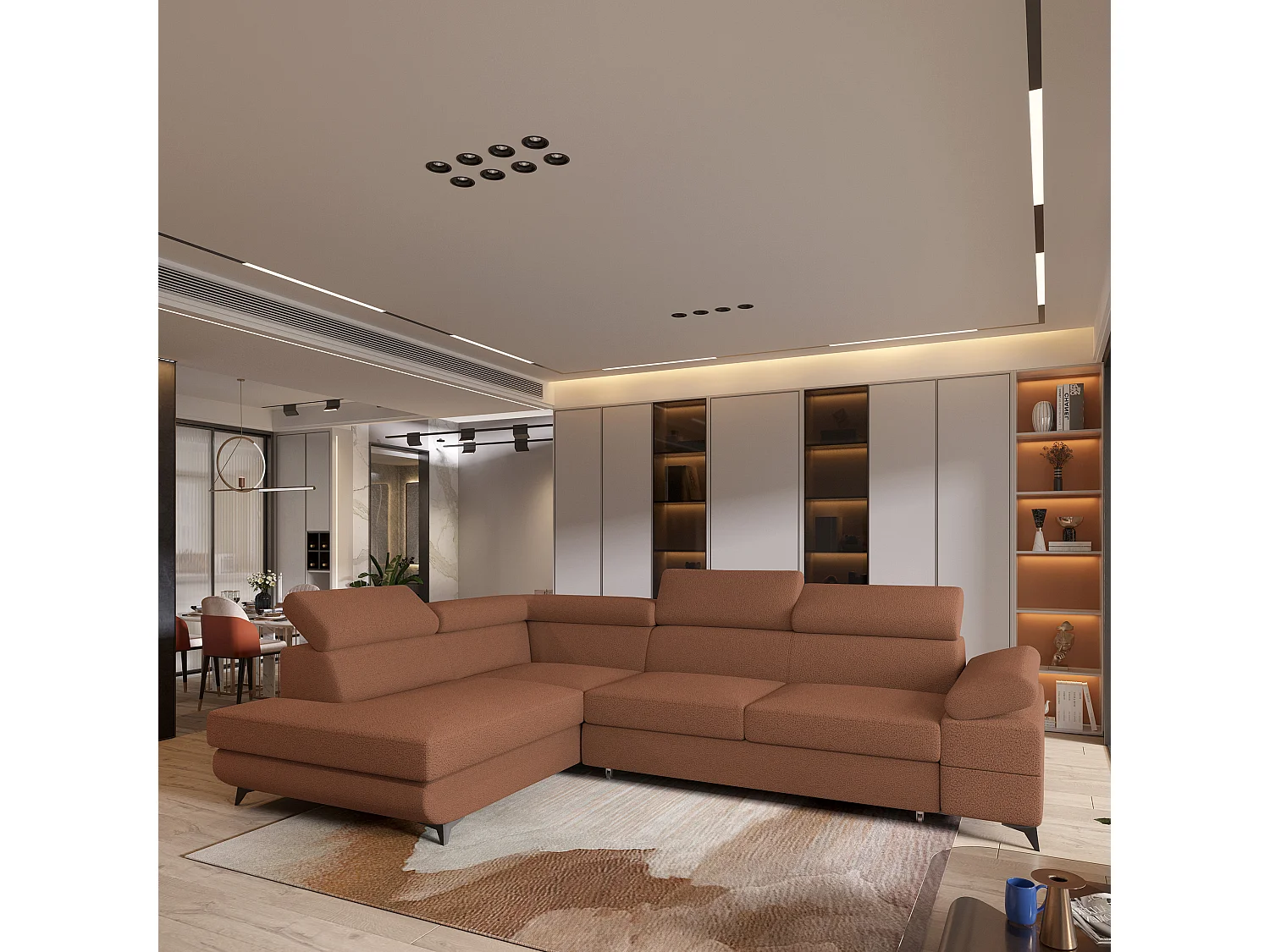 Hoekbank FAVIEN van fluweel met slaapfunctie Orange