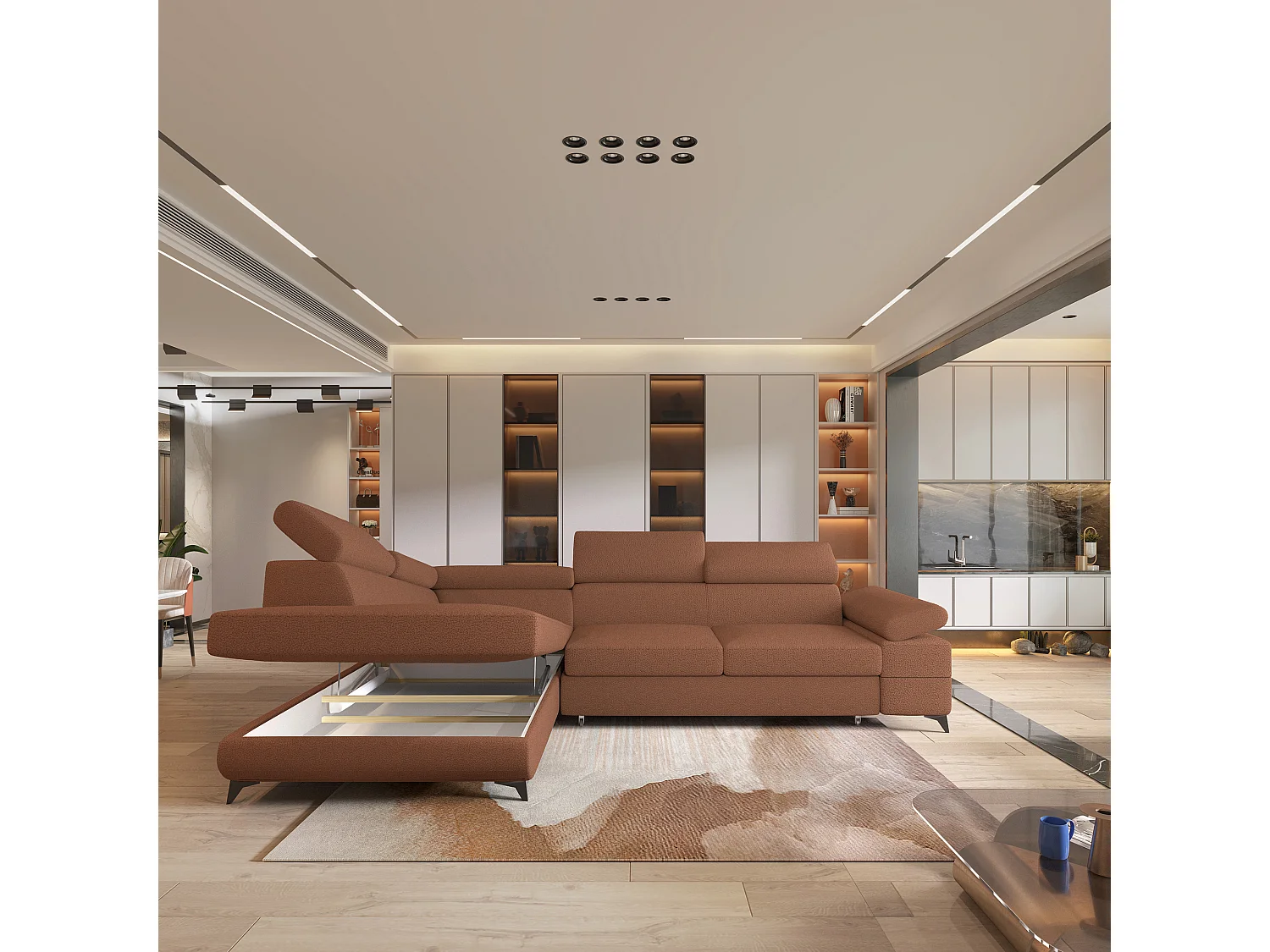 Hoekbank FAVIEN van fluweel met slaapfunctie Orange