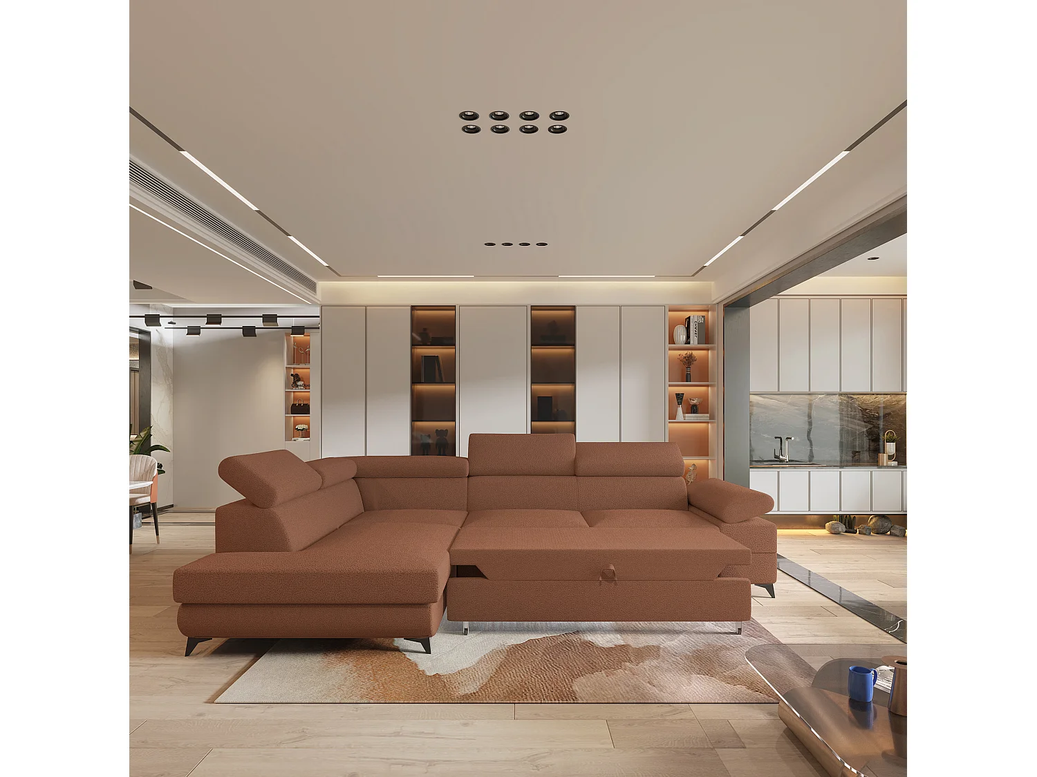 Hoekbank FAVIEN van fluweel met slaapfunctie Orange