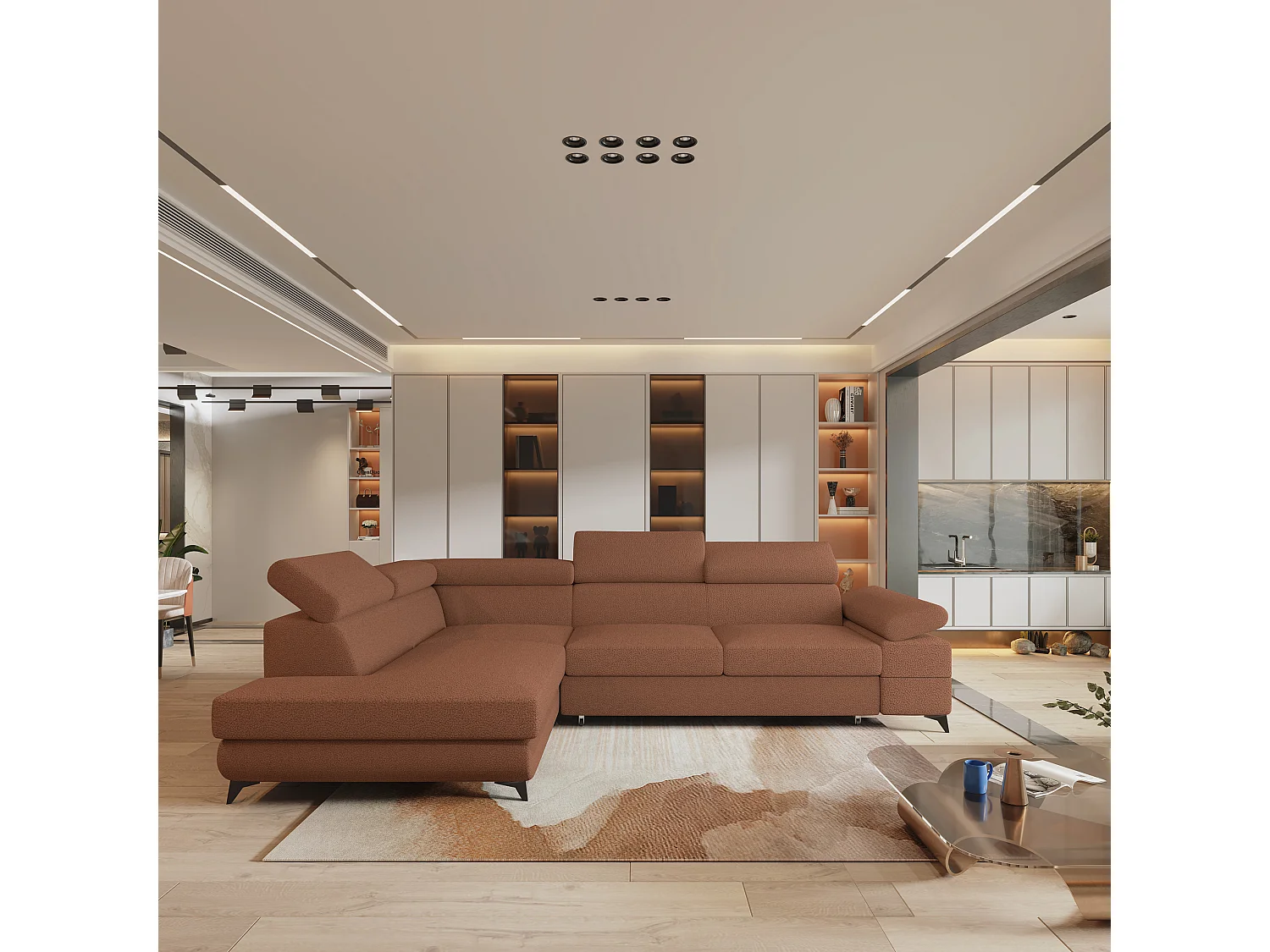 Hoekbank FAVIEN van fluweel met slaapfunctie Orange