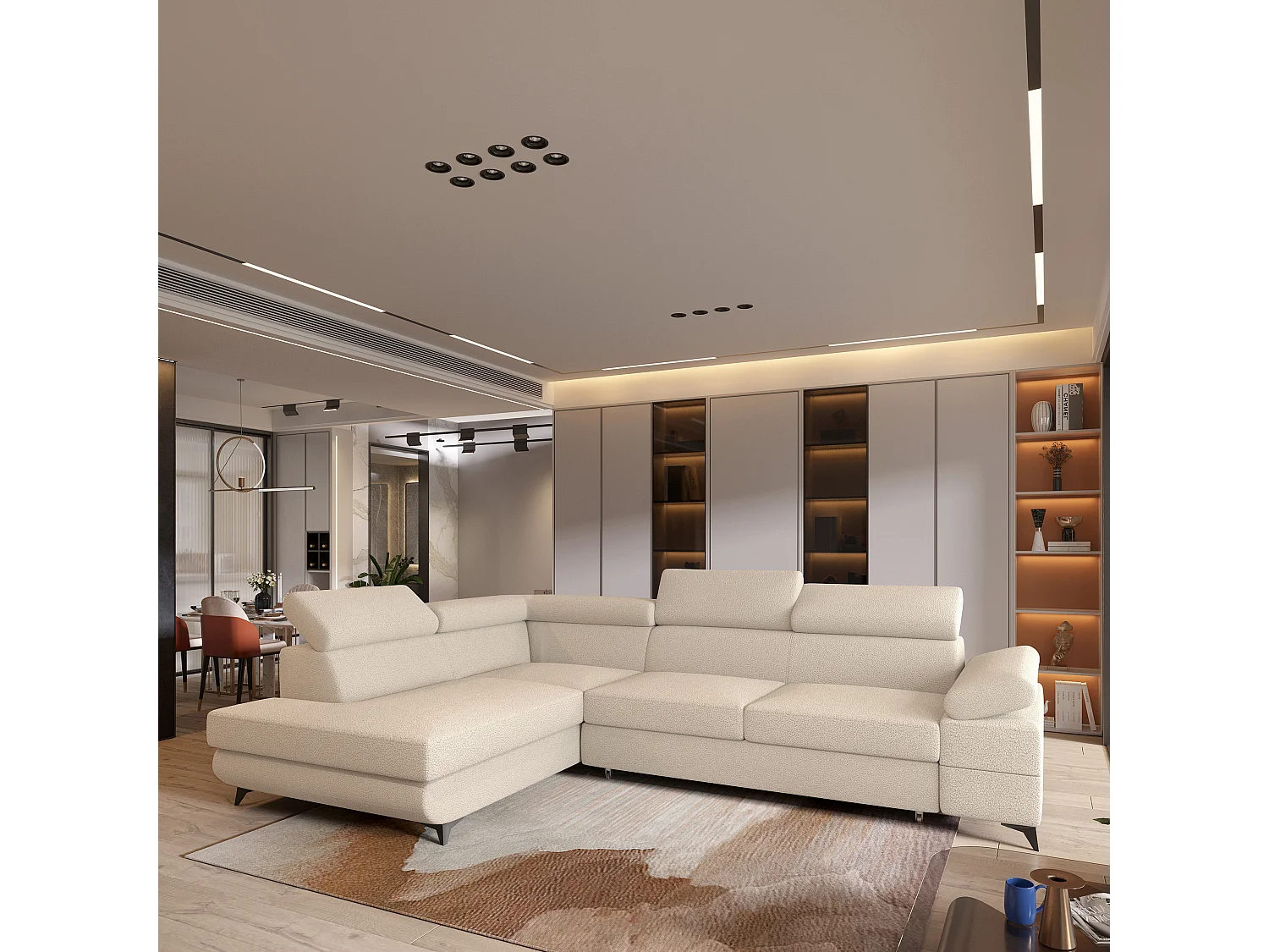 Hoekbank FAVIEN van fluweel met slaapfunctie Creme