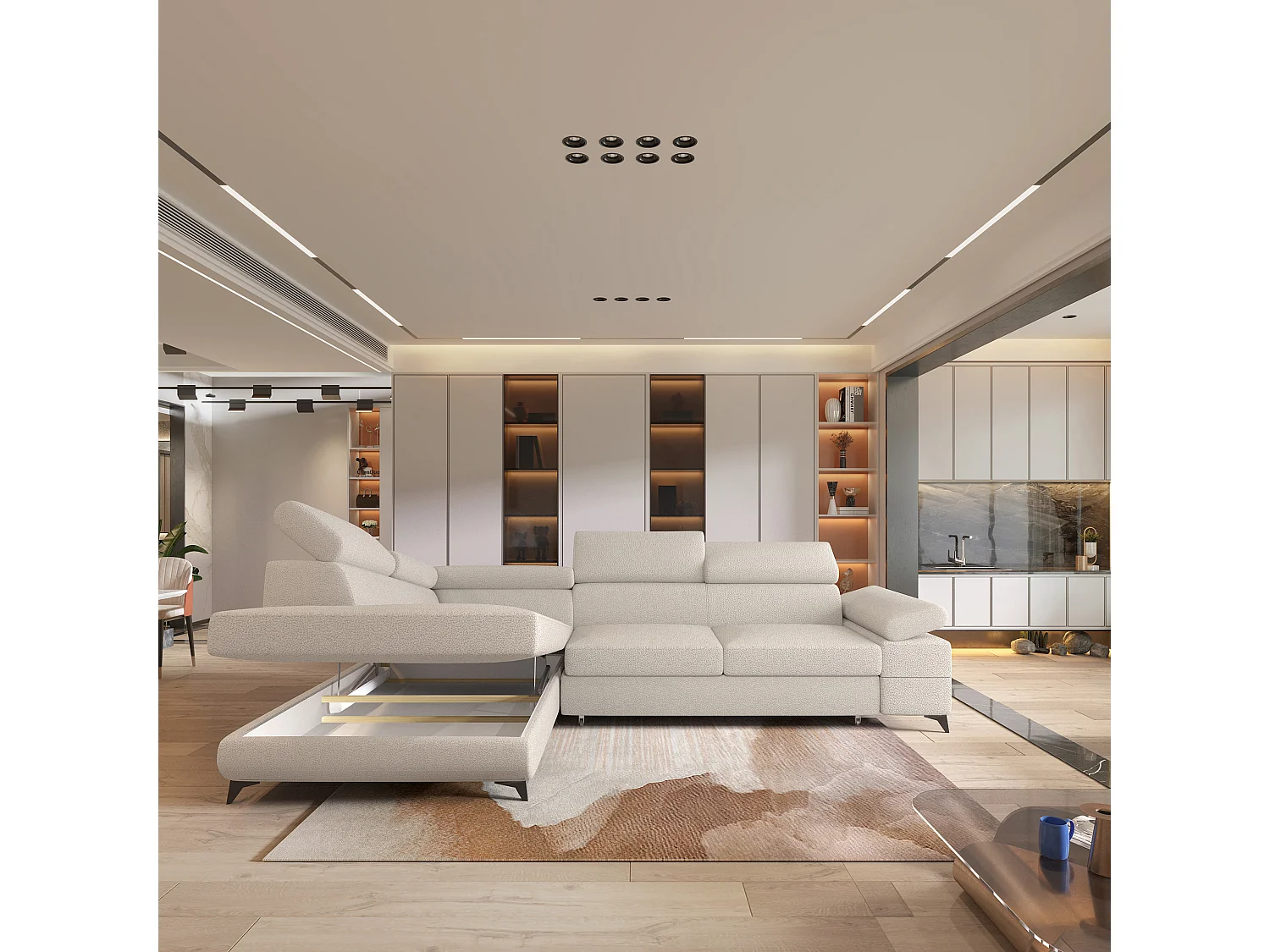 Hoekbank FAVIEN van fluweel met slaapfunctie Creme