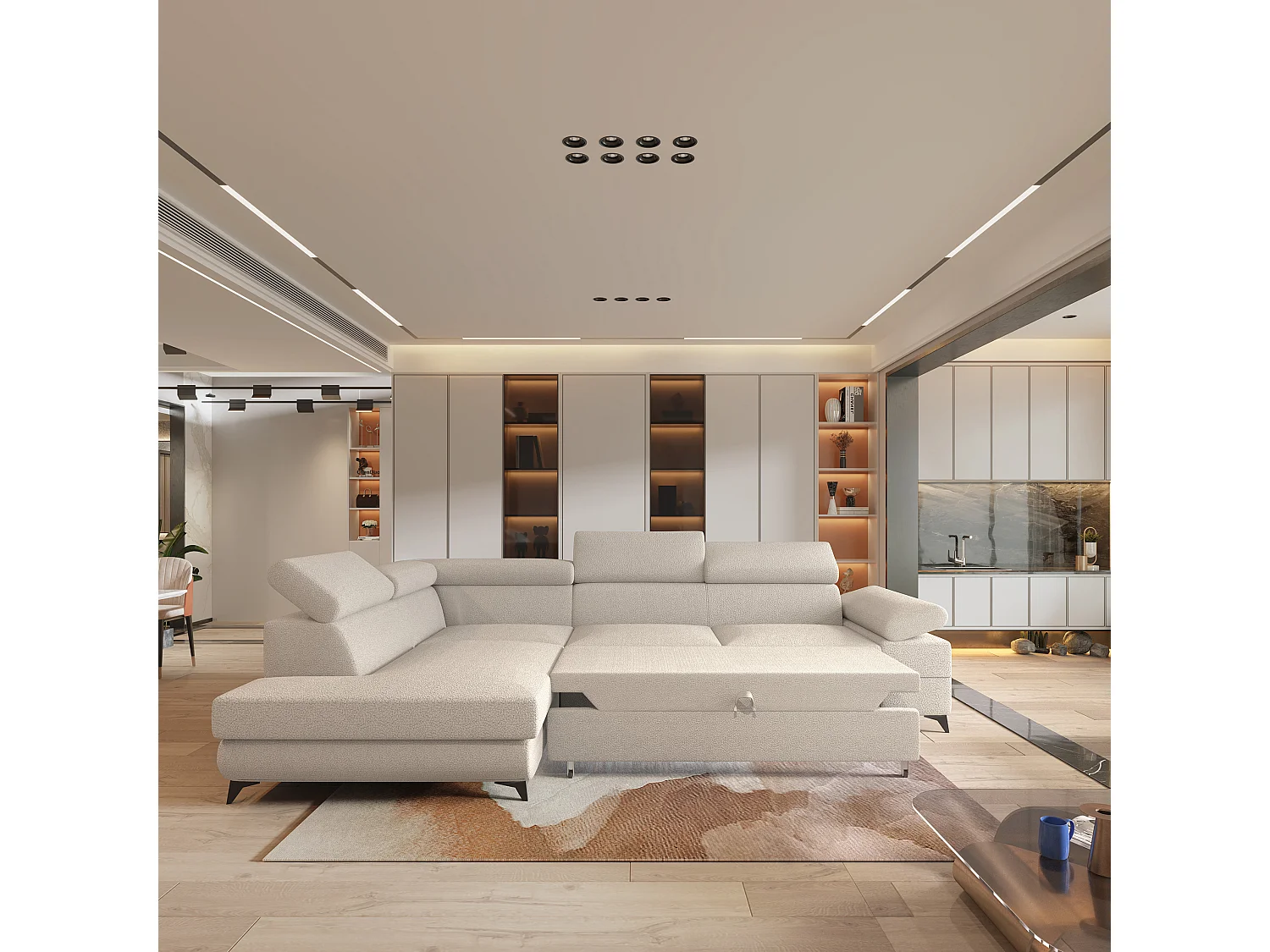 Hoekbank FAVIEN van fluweel met slaapfunctie Creme