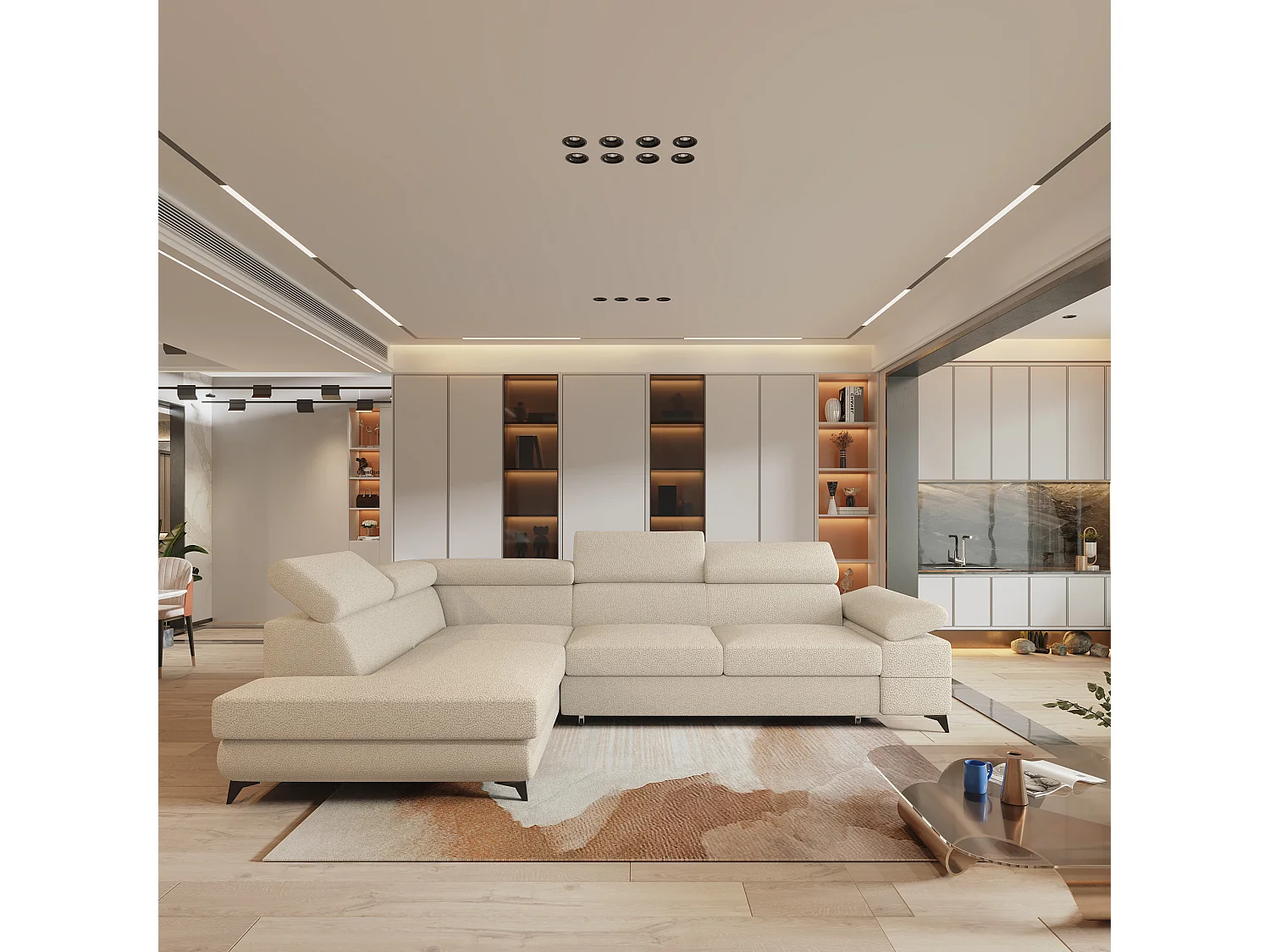 Hoekbank FAVIEN van fluweel met slaapfunctie Creme