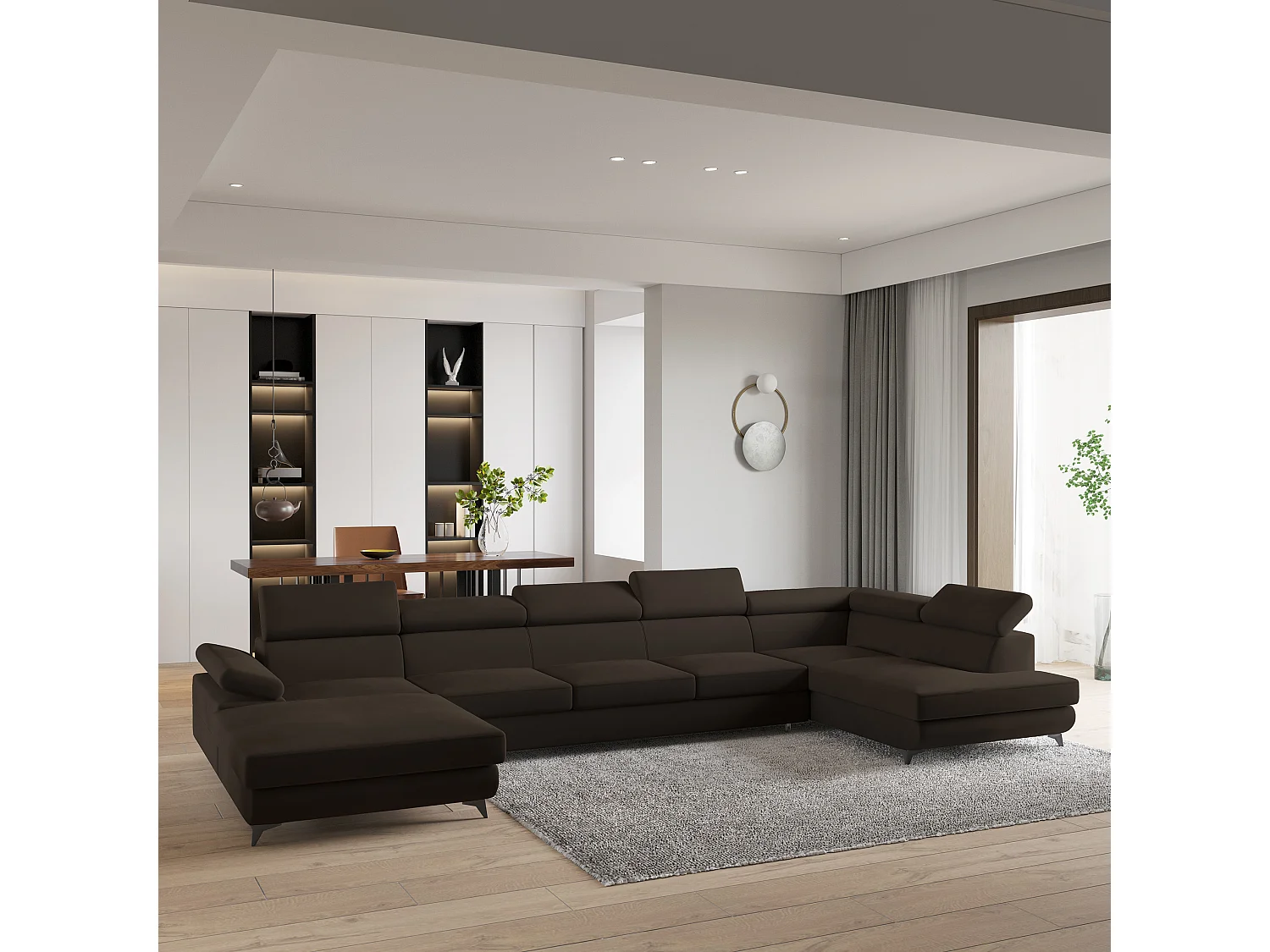 Hoekbank MONTIVA van fluweel met slaapfunctie Braun