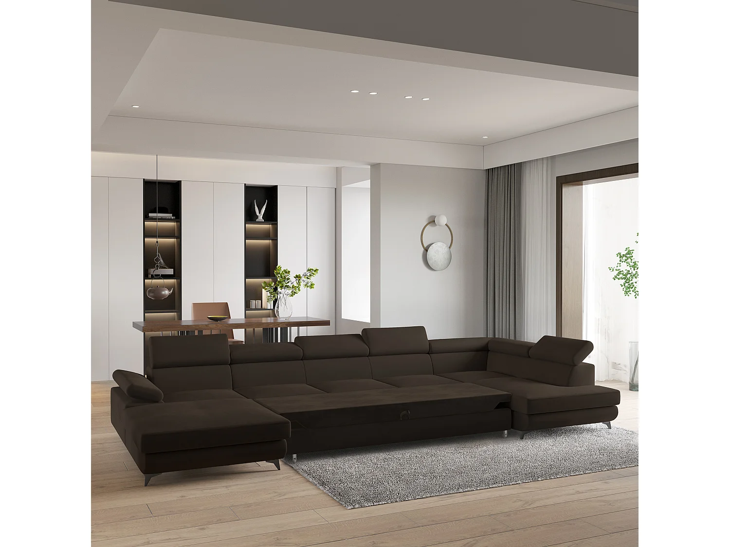 Hoekbank MONTIVA van fluweel met slaapfunctie Braun