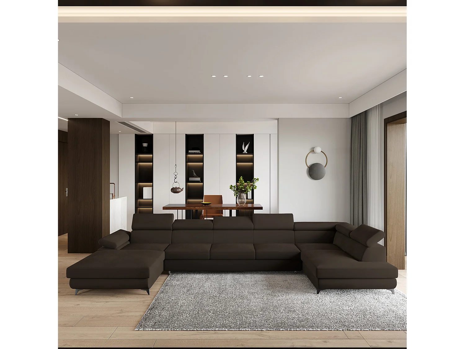 Hoekbank MONTIVA van fluweel met slaapfunctie Braun