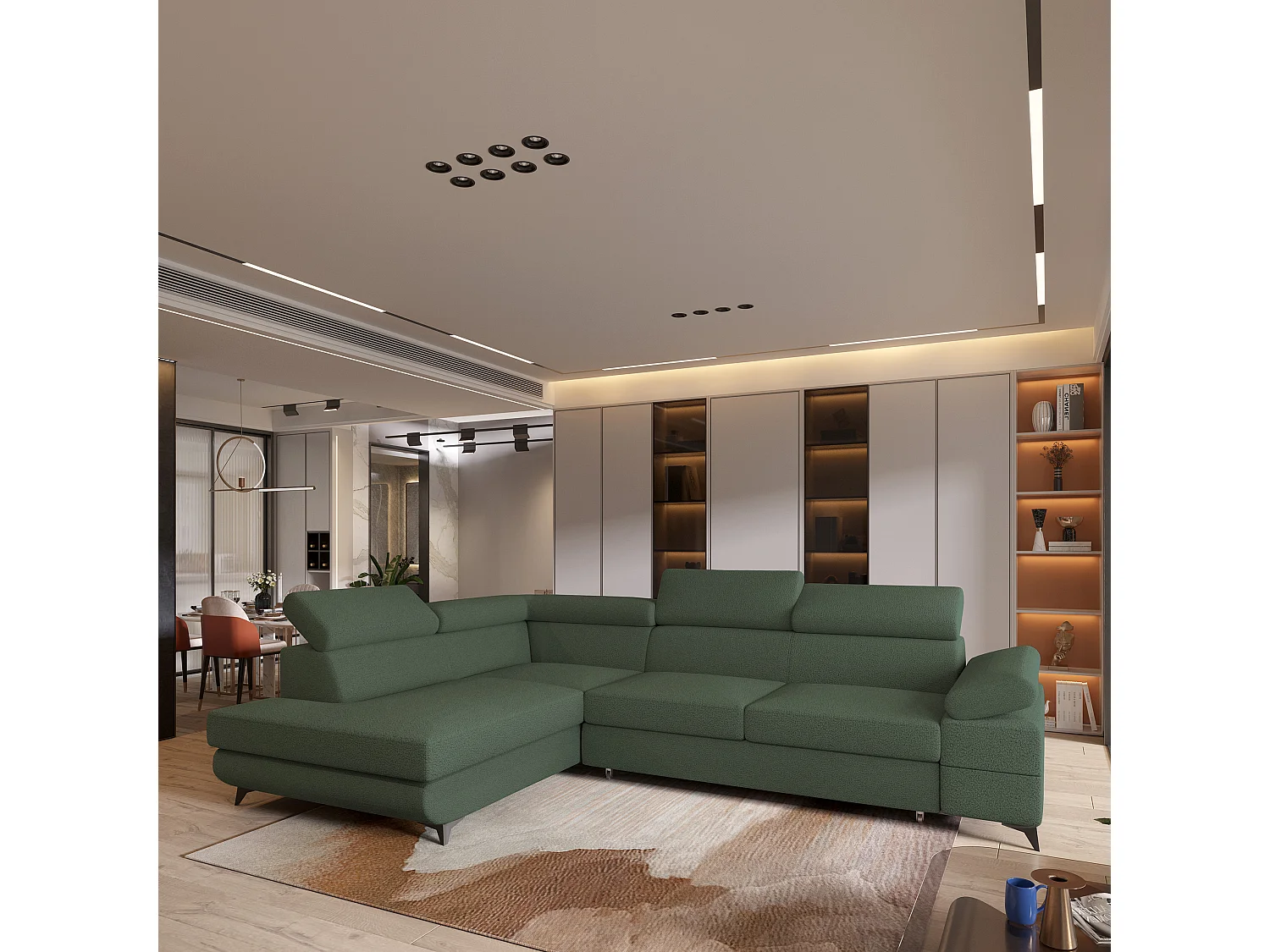 Hoekbank FAVIEN van fluweel met slaapfunctie Grün