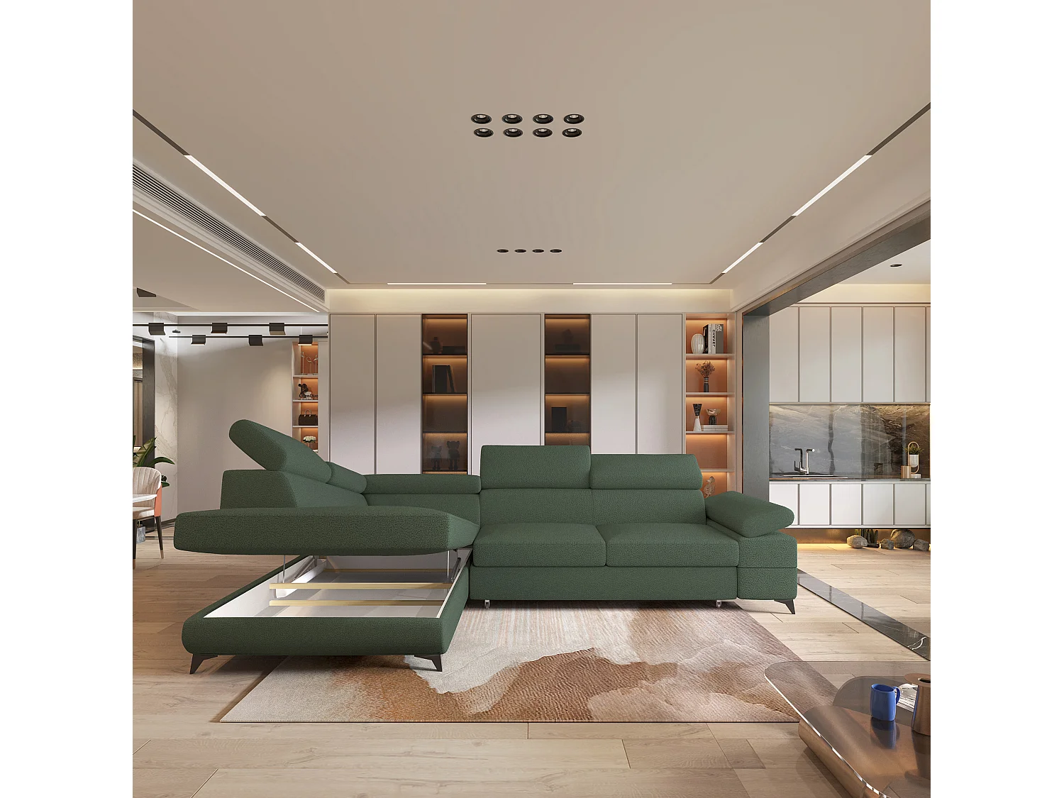 Hoekbank FAVIEN van fluweel met slaapfunctie Grün