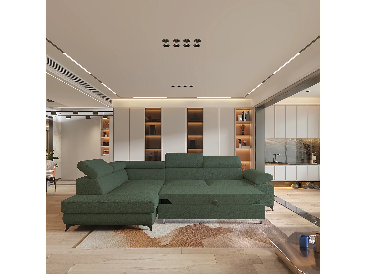 Hoekbank FAVIEN van fluweel met slaapfunctie Grün