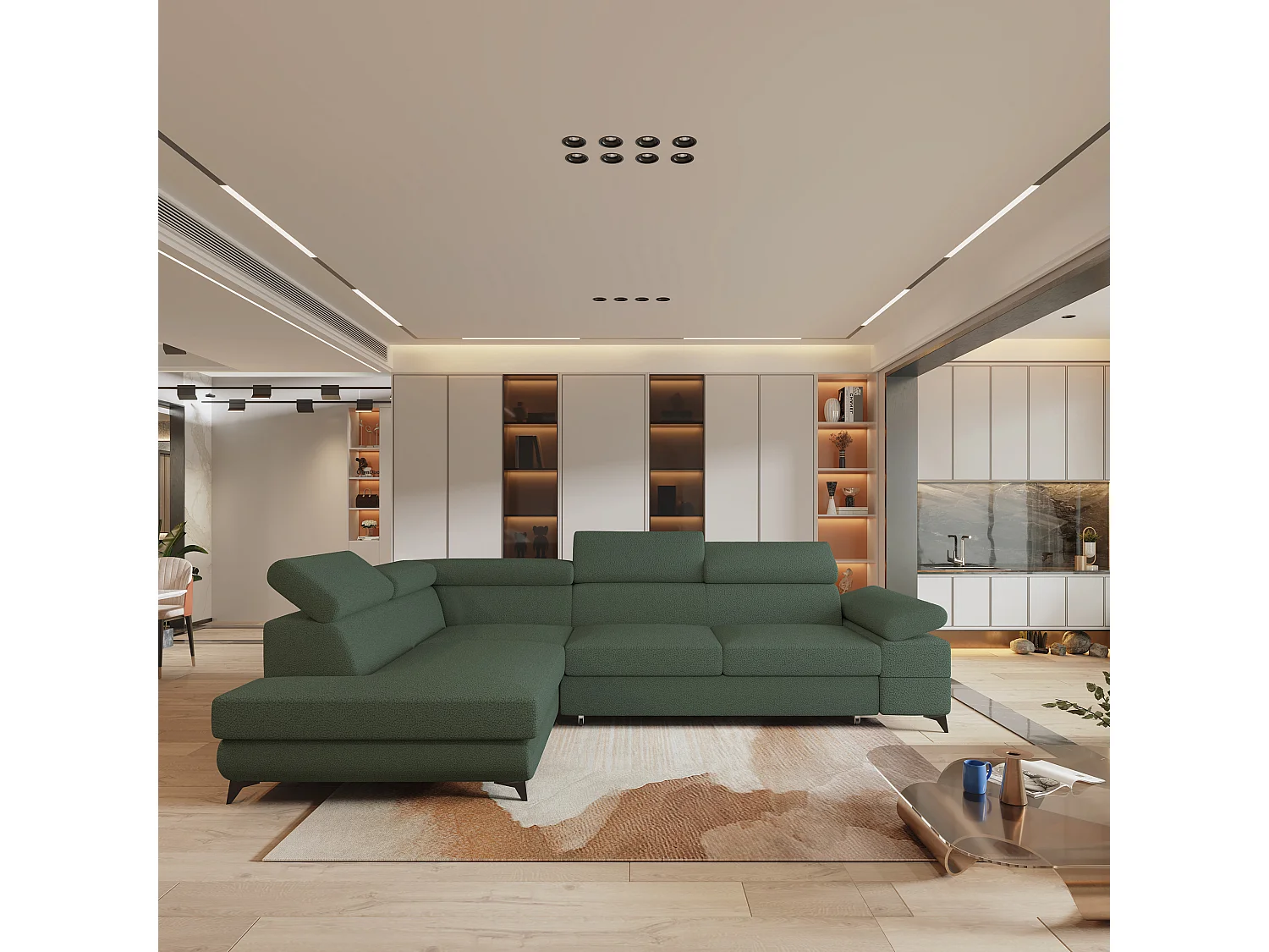 Hoekbank FAVIEN van fluweel met slaapfunctie Grün