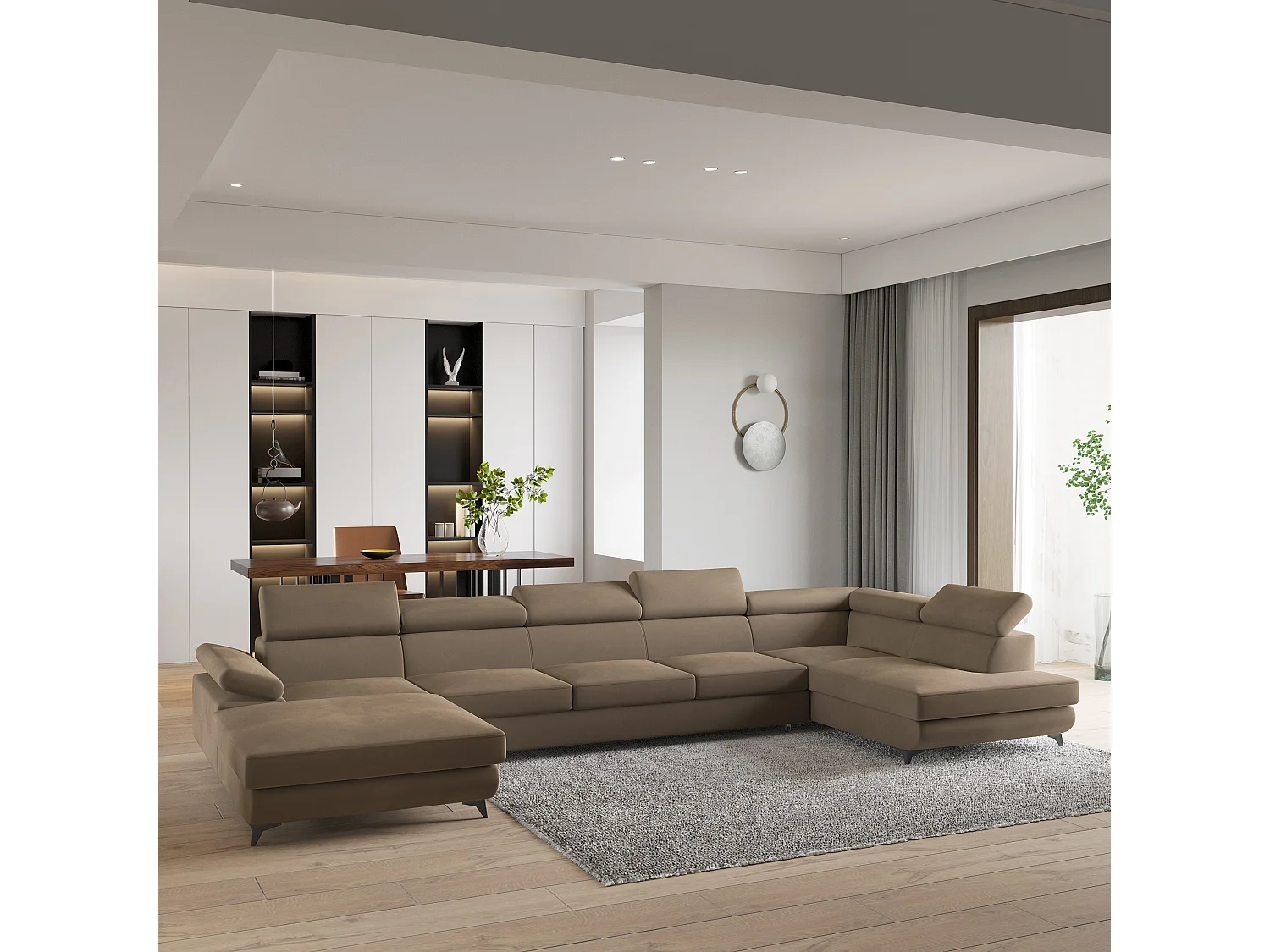 Hoekbank MONTIVA van fluweel met slaapfunctie Beige