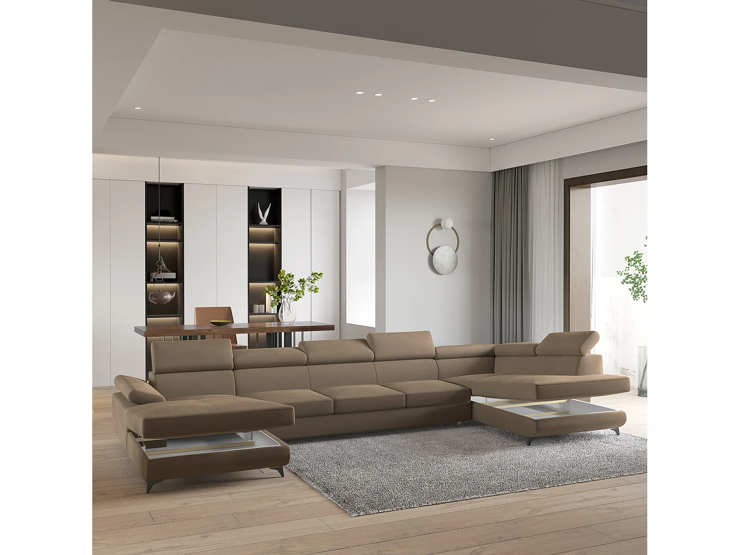 Hoekbank MONTIVA van fluweel met slaapfunctie Beige