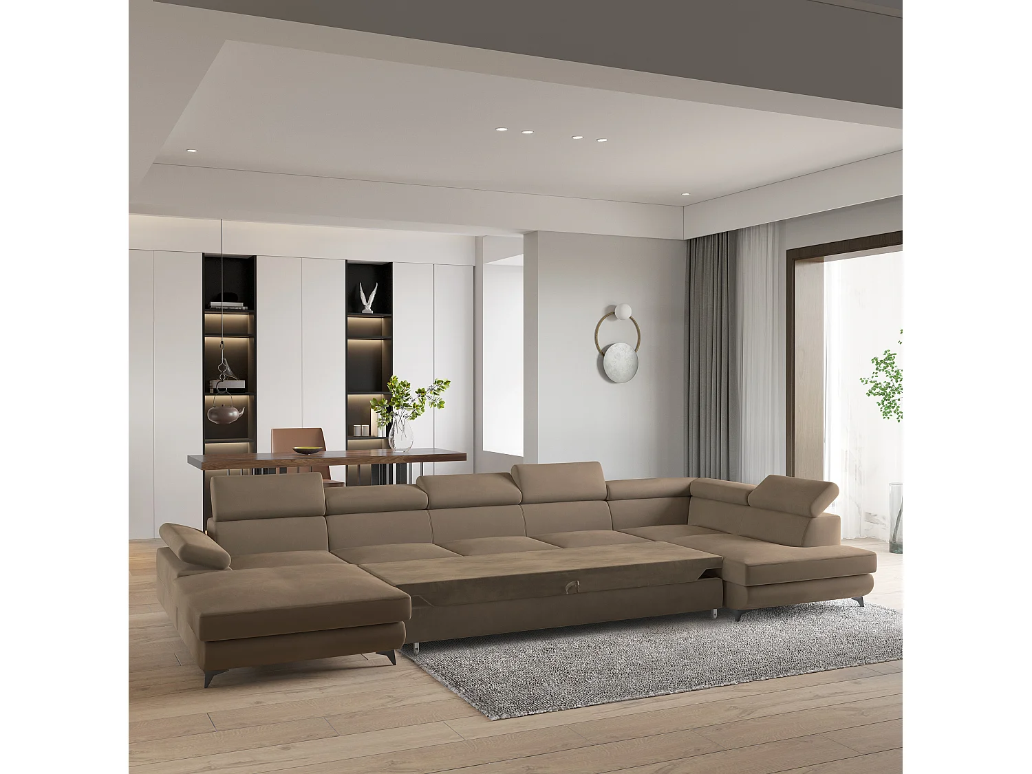 Hoekbank MONTIVA van fluweel met slaapfunctie Beige