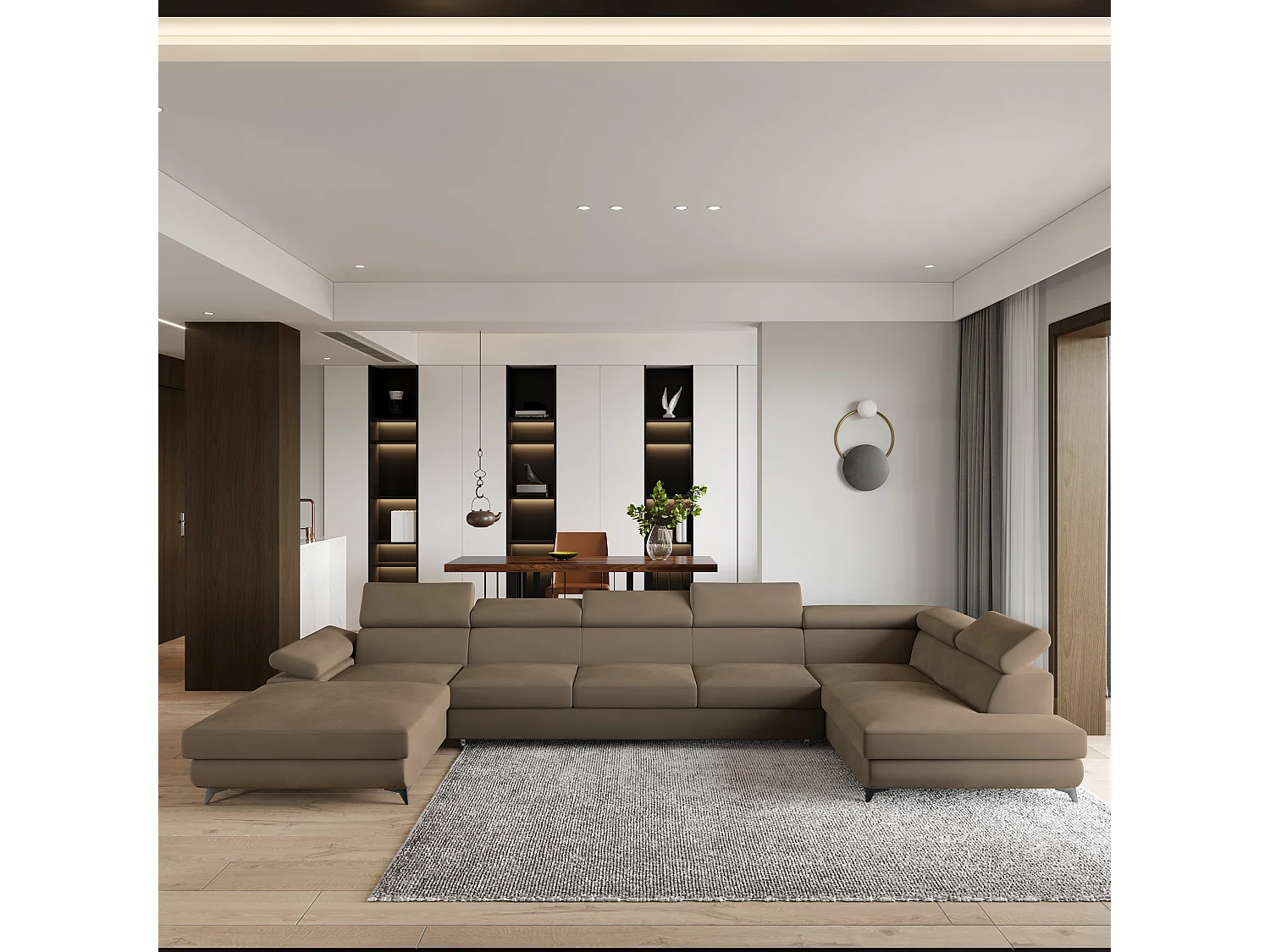 Hoekbank MONTIVA van fluweel met slaapfunctie Beige