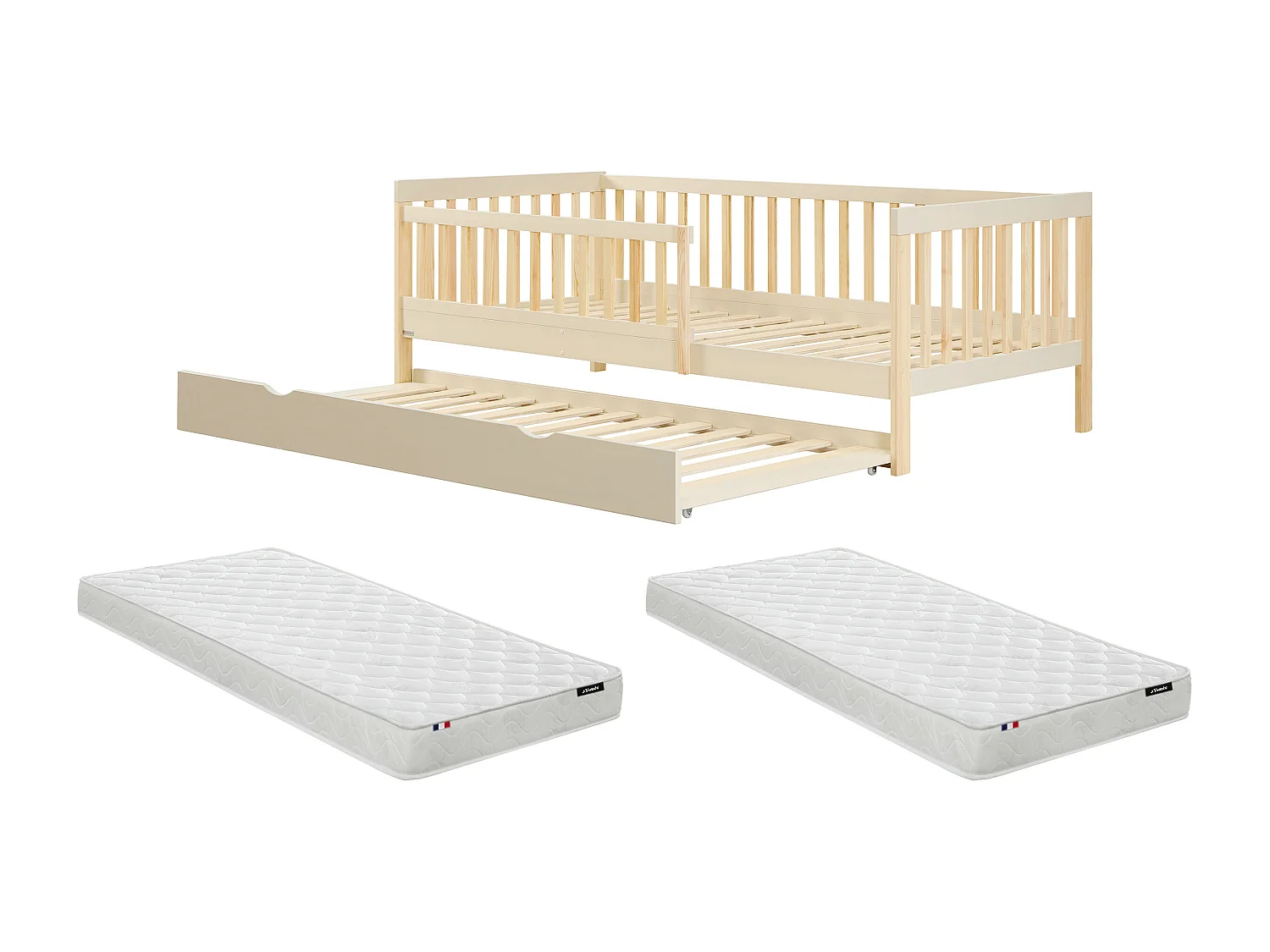 Lit 90 x 190 cm avec tiroir gigogne - Pin et MDF – Beige et Naturel + Matelas - PROVIATI