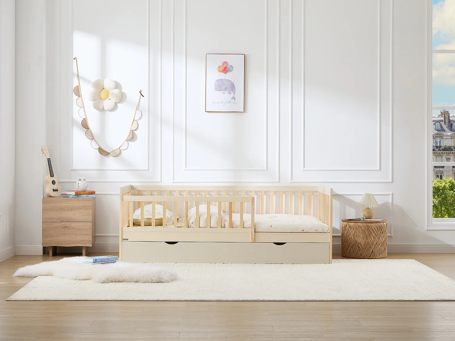 Lit 90 x 190 cm avec tiroir gigogne - Pin et MDF – Beige et Naturel + Matelas - PROVIATI