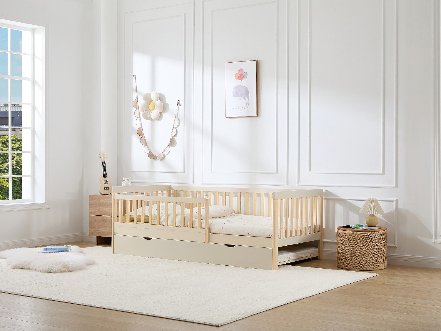 Bett mit Schublade + Matratze 90 x 190 cm - Kiefer und MDF – Beige und Natur - PROVIATI