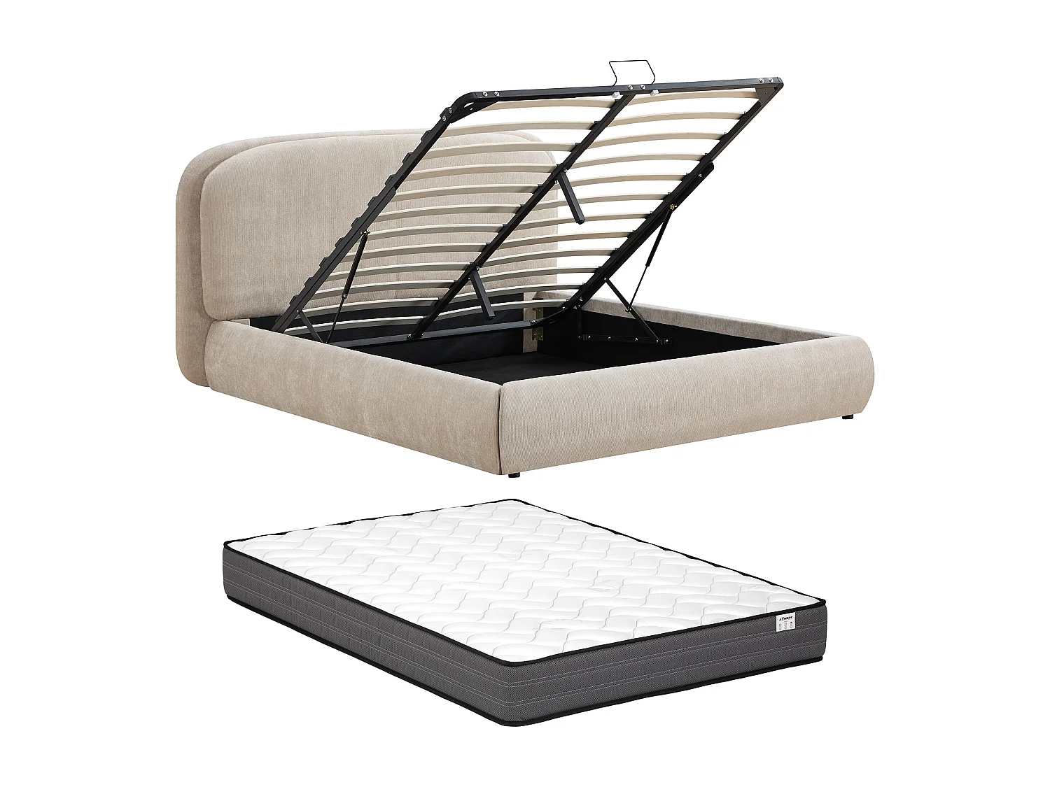 Lit coffre 160 x 200 cm – Tissu texturé – Beige + Matelas – ZORIMA