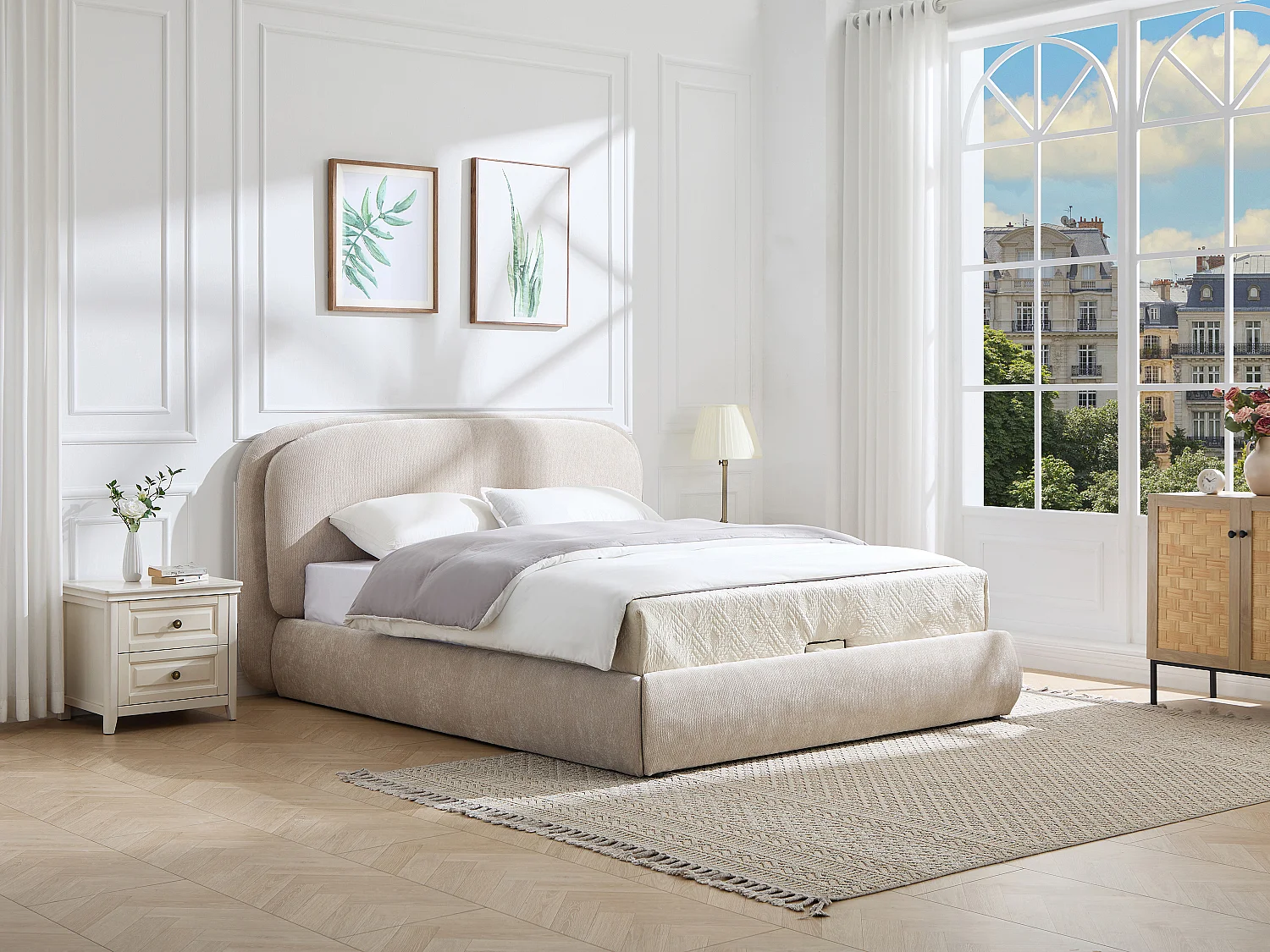 Lit coffre 160 x 200 cm – Tissu texturé – Beige + Matelas – ZORIMA
