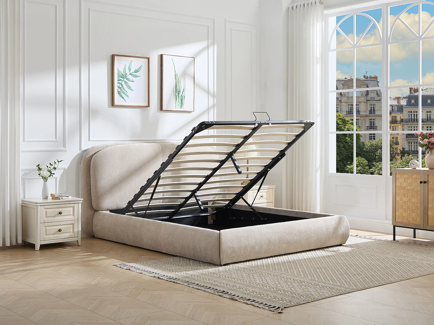 Lit coffre 180 x 200 cm – Tissu texturé – Beige + Matelas – ZORIMA