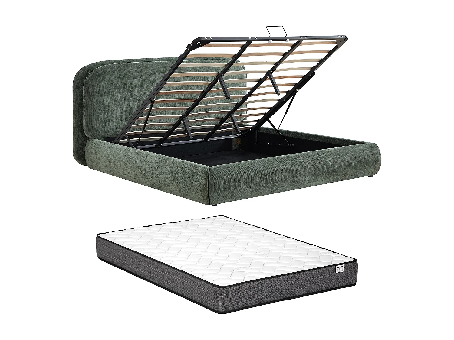 Lit coffre 160 x 200 cm – Tissu texturé – Vert + Matelas – ZORIMA