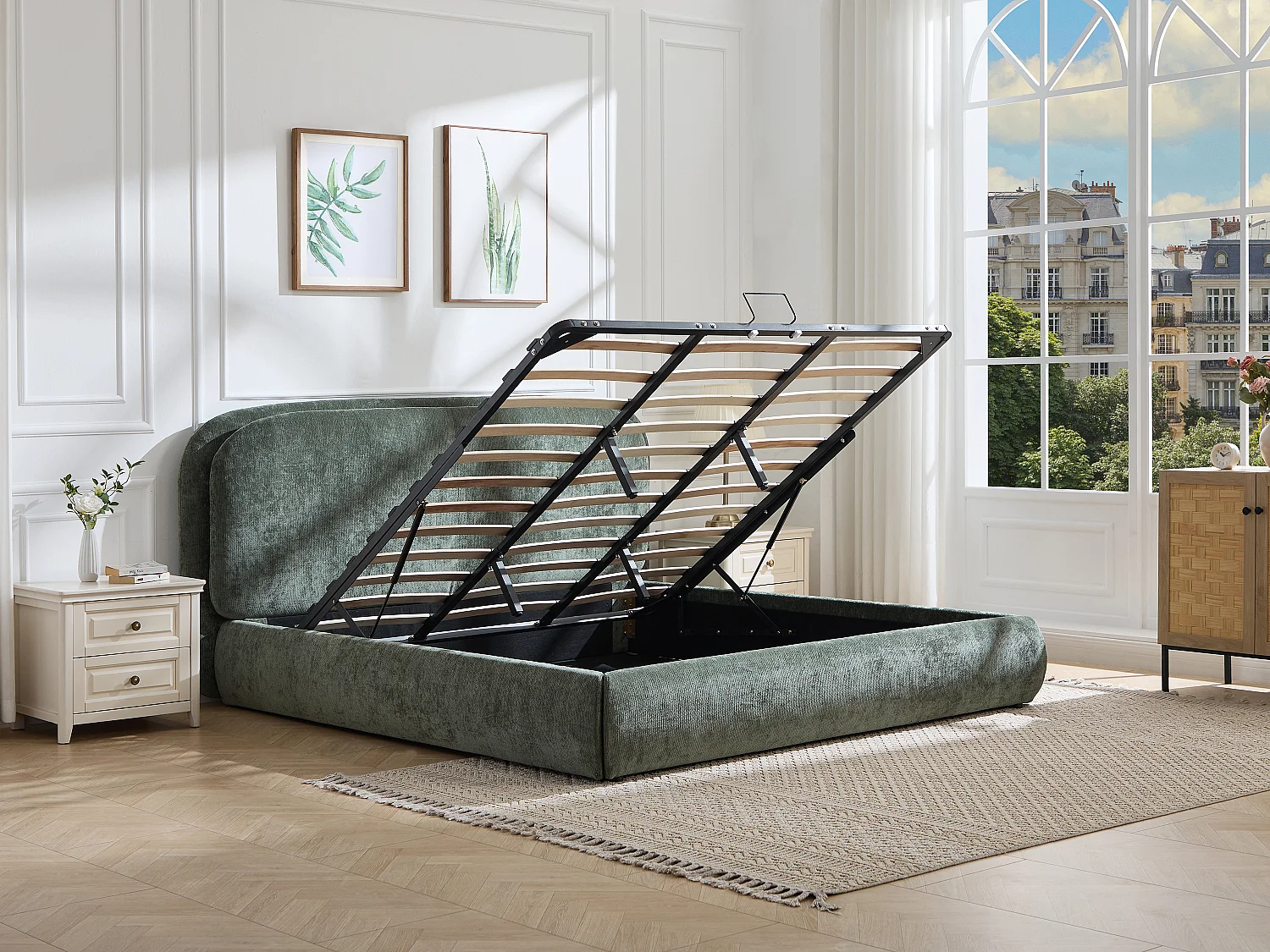 Lit coffre 180 x 200 cm – Tissu texturé – Vert  + Matelas – ZORIMA