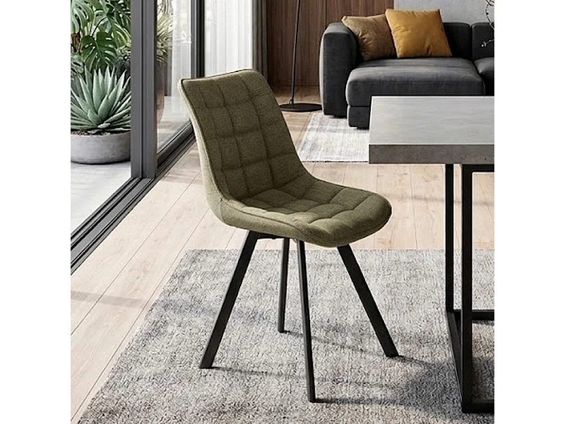 Chaise en tissu vert olive avec pieds en métal noir Edy