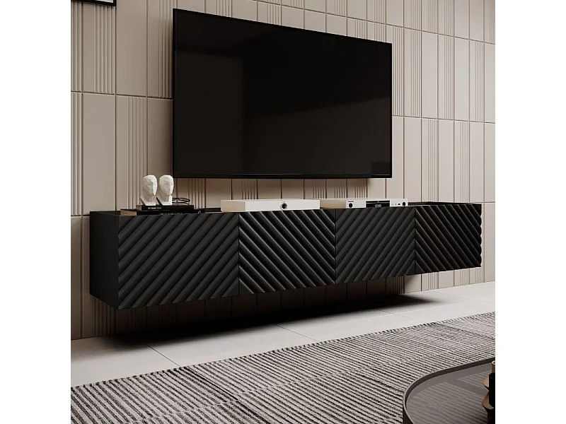 Meuble TV suspendu noir 200 cm 4 portes en relief Emile