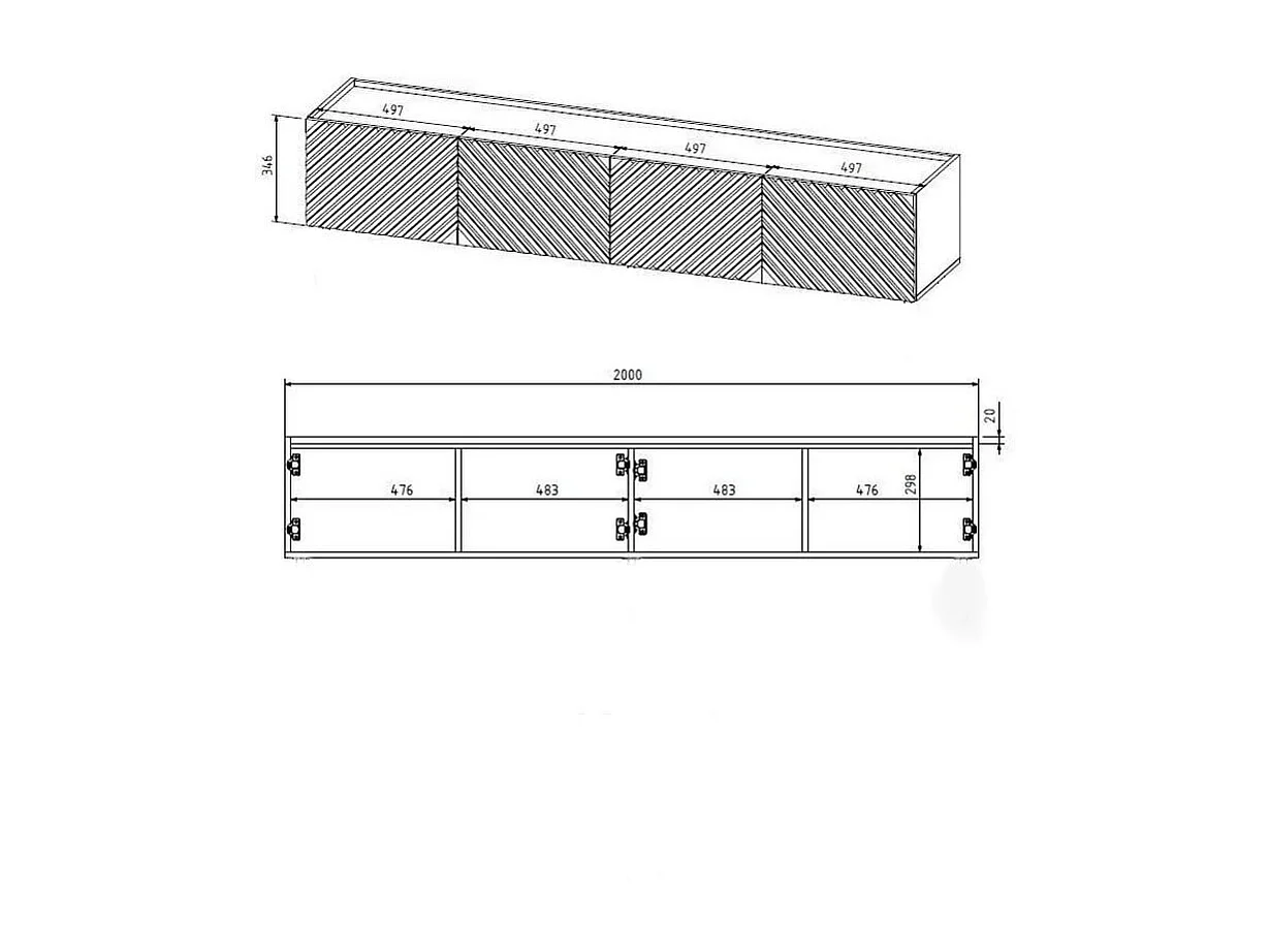 Meuble TV suspendu noir 200 cm 4 portes en relief Emile