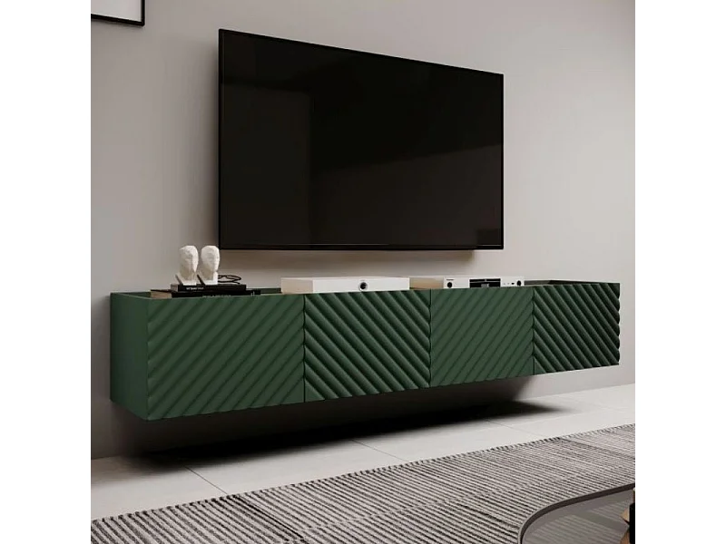 Meuble TV suspendu vert et bois 200 cm 4 portes Emile