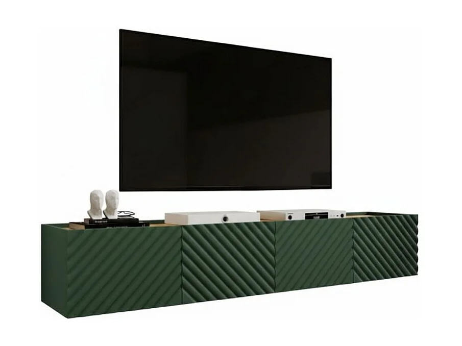 Meuble TV suspendu vert et bois 200 cm 4 portes Emile