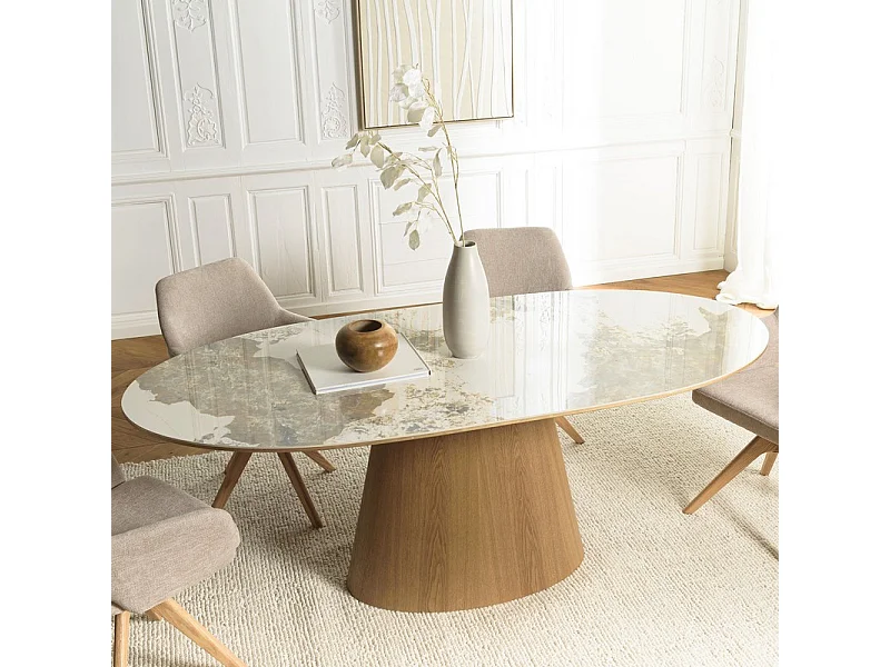 Table a manger céramique style marbre pied central bois 200 x 90 cm Gabie