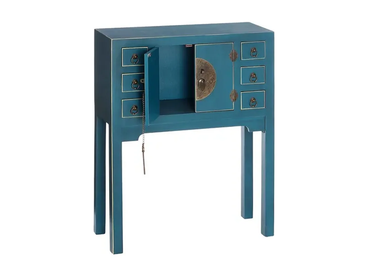 Petite console bleu avec 6 tiroirs et portes vintage bronze AÉRIS