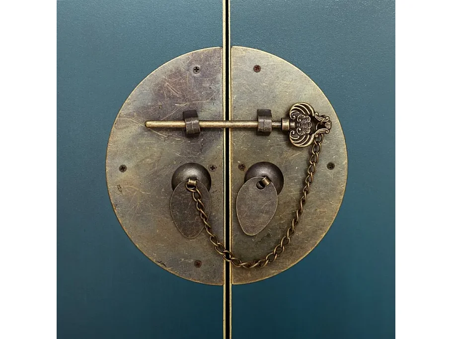 Petite console bleu avec 6 tiroirs et portes vintage bronze AÉRIS