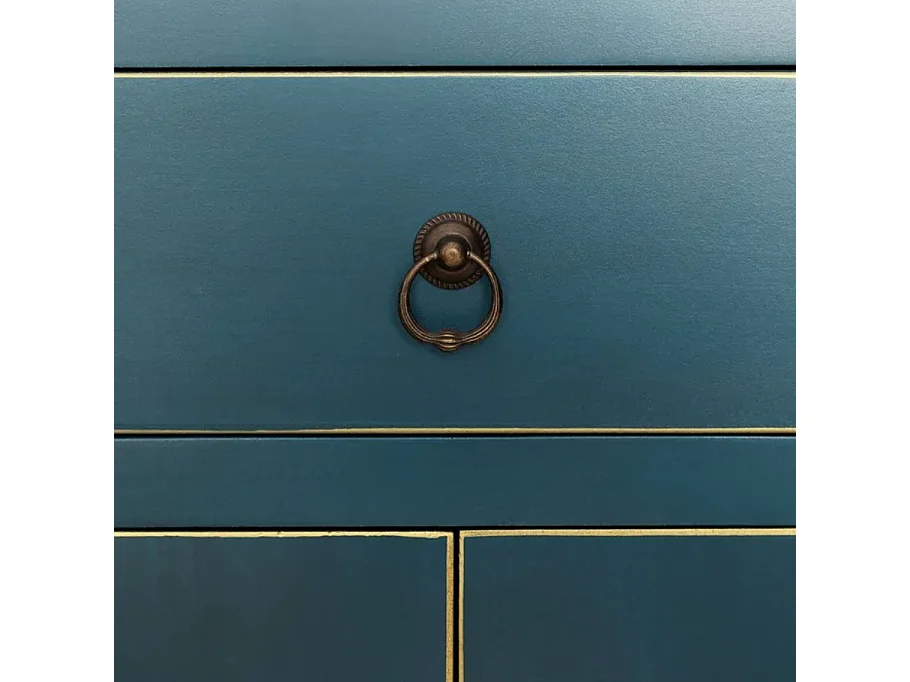 Petite console bleu avec 6 tiroirs et portes vintage bronze AÉRIS